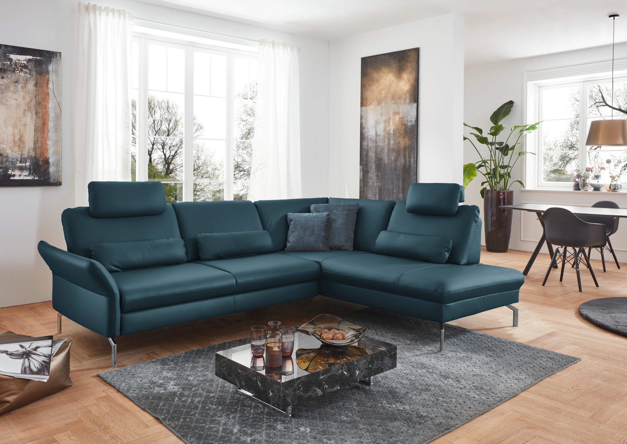 ECKSOFA in Echtleder Blau  - Blau/Alufarben, Konventionell, Leder/Metall (284/220cm) - Beldomo Premium