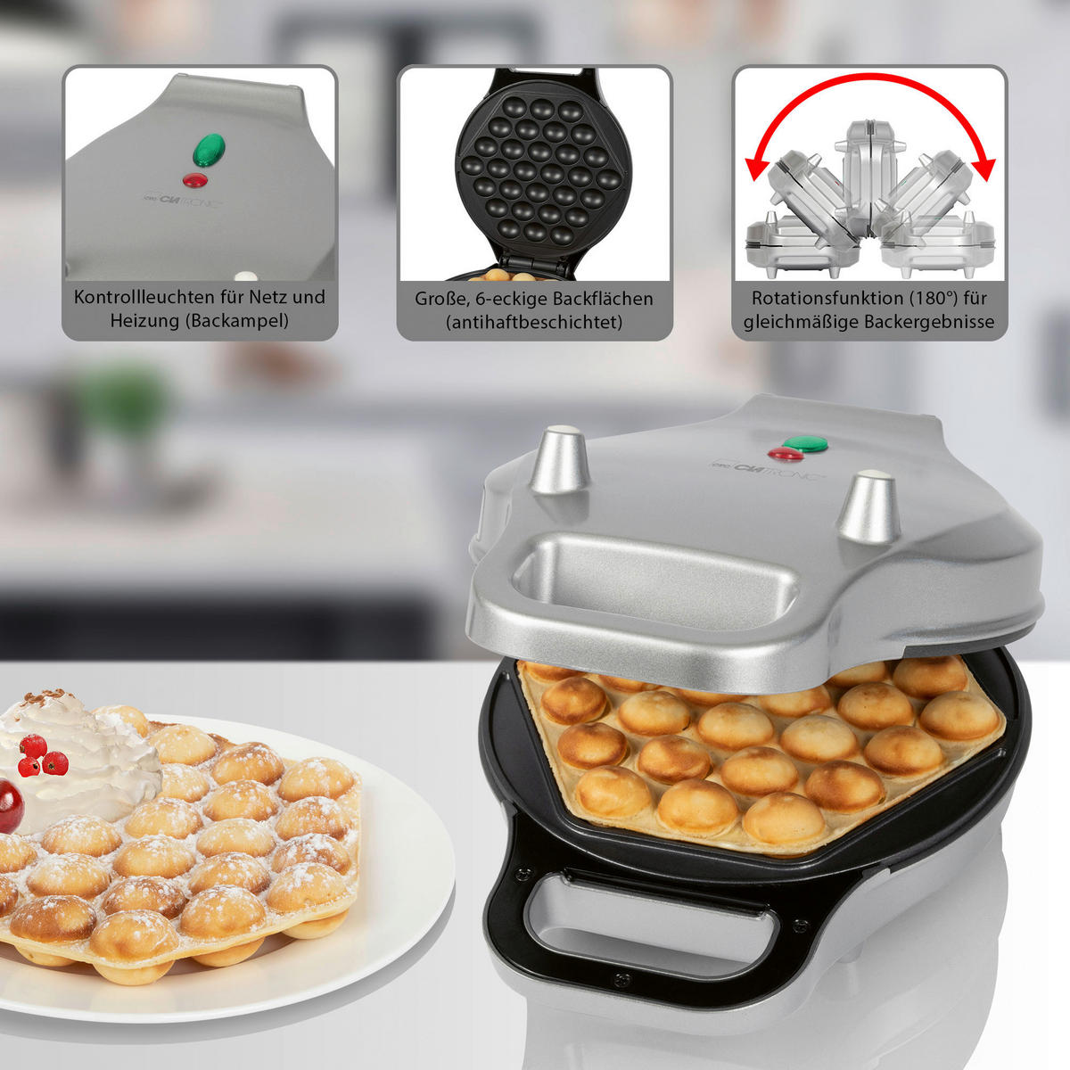 WAFFELAUTOMAT  - Silberfarben, LIFESTYLE, Kunststoff/Metall (20,5/11/28cm) - Clatronic