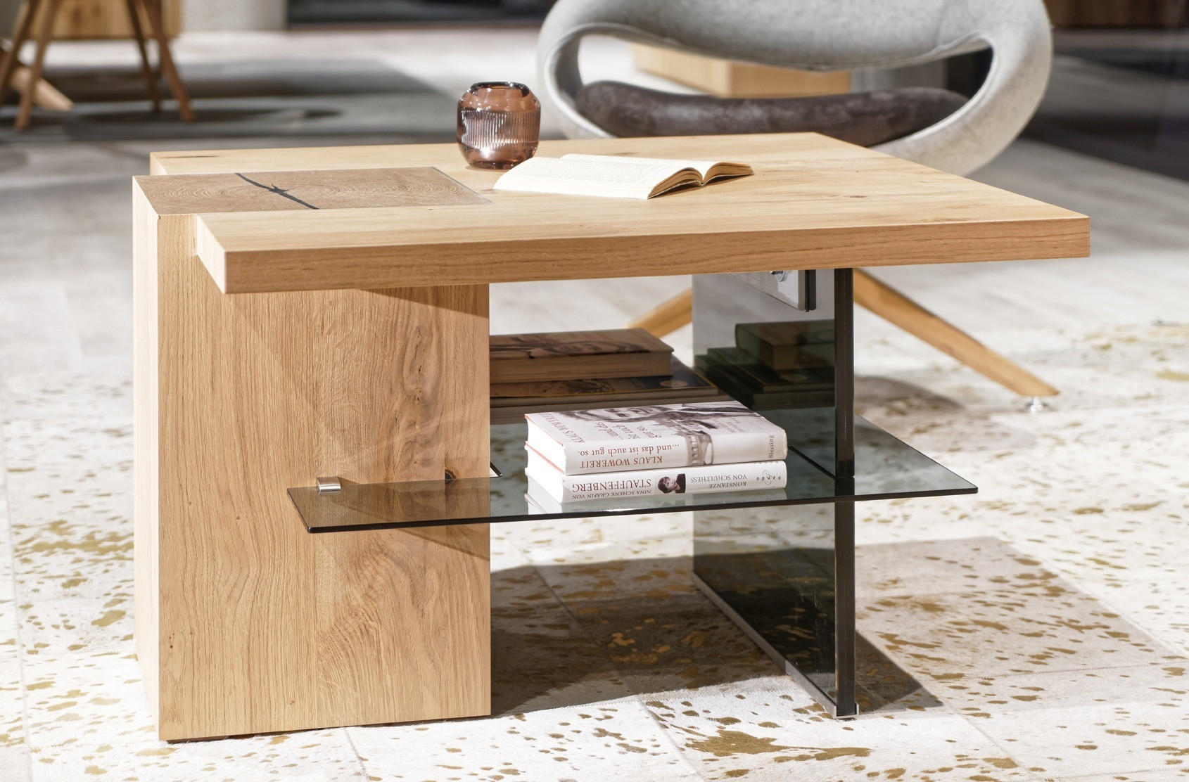 COUCHTISCH Altholz, Eiche furniert Parsolglas 83,8/80/50 cm Grau, Eichefarben  - Eichefarben/Grau, Design, Glas/Holz (83,8/80/50cm) - Voglauer