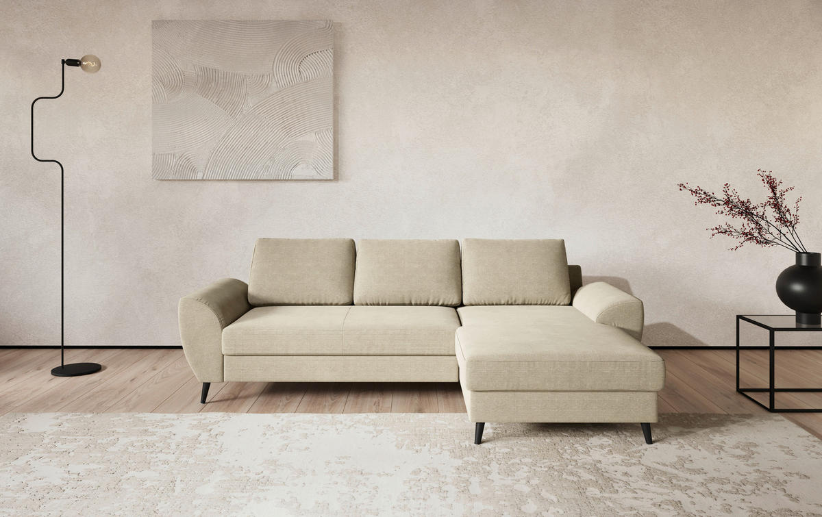 ECKSOFA Cord Beige  - Beige/Schwarz, Trend, Textil/Metall (255/154cm) - MID.YOU