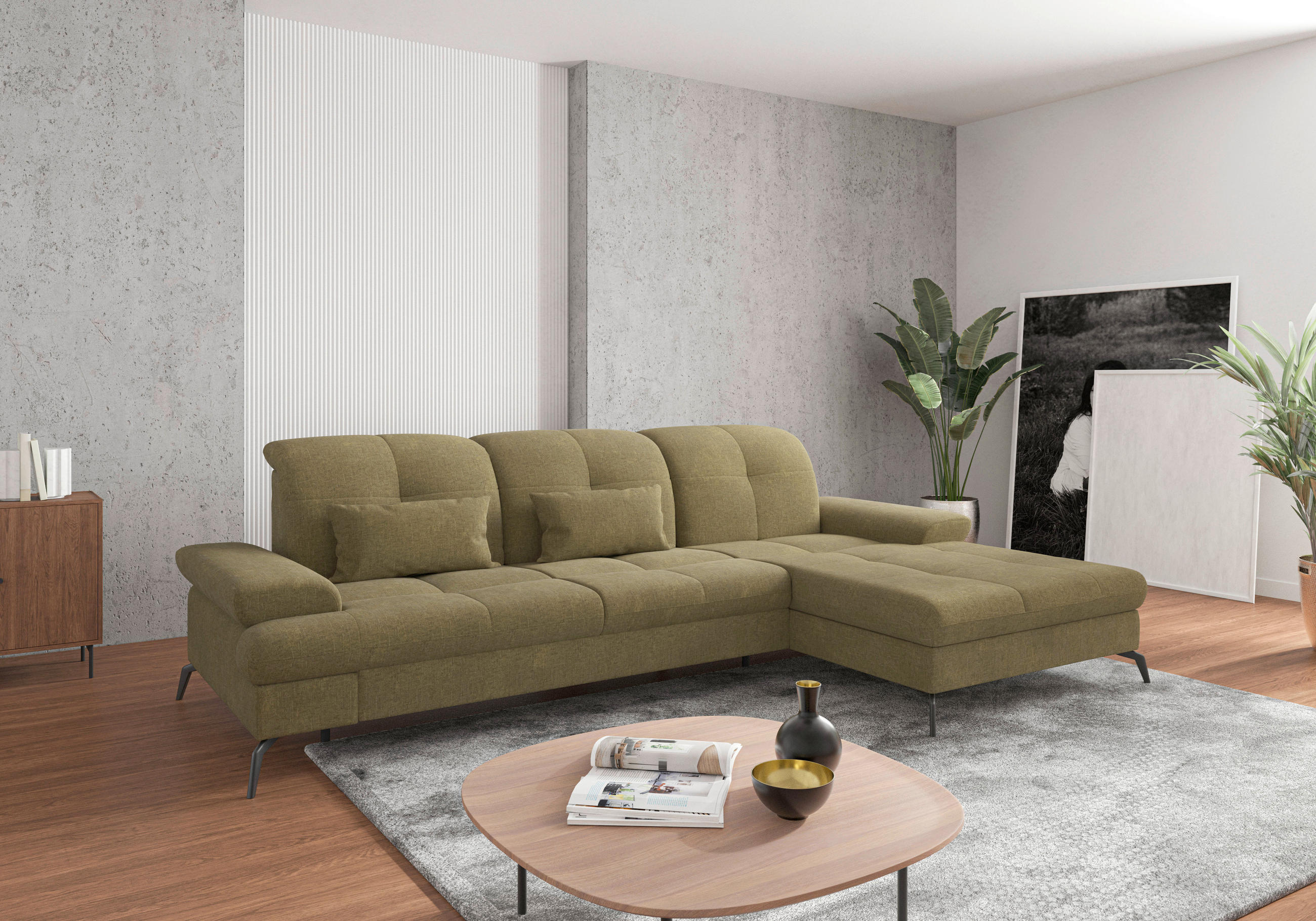 ECKSOFA Olivgrün Flachgewebe Bettkasten, Armteilverstellung, Kopfteilverstellung, Sitztiefenverstellung, Liegefläche im Originalstoff  - Schwarz/Olivgrün, KONVENTIONELL, Textil/Metall (279/185cm) - Sit & More