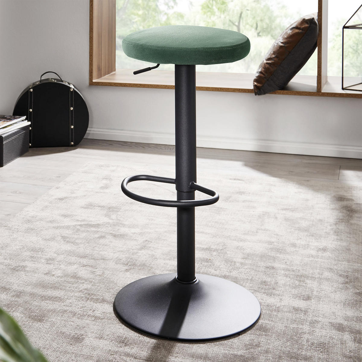 BARHOCKER Samt Grün Sitzfläche 360° drehbar  - Schwarz/Grün, MODERN, Textil/Metall (40/79/40cm) - MID.YOU