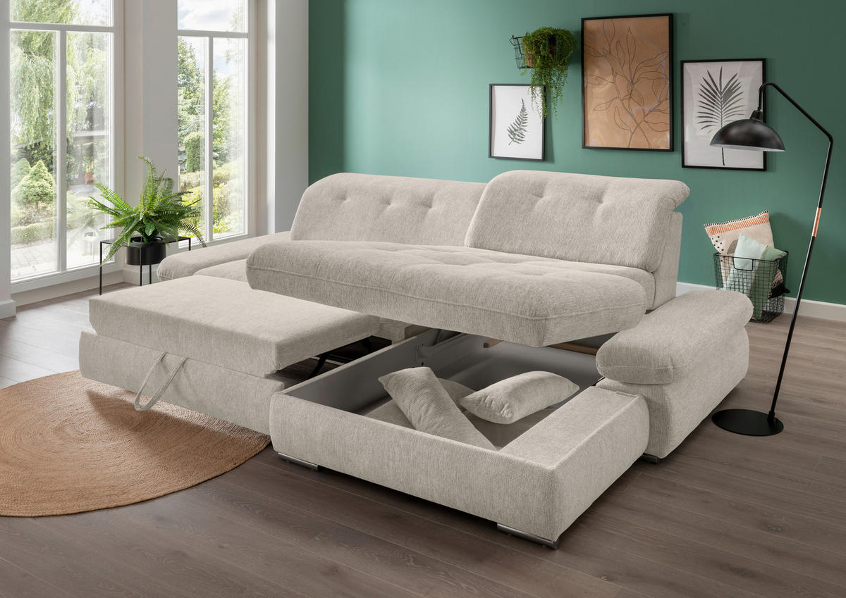 ECKSOFA in Chenille Beige  - Chromfarben/Beige, Design, Textil/Metall (300/196cm) - Livetastic