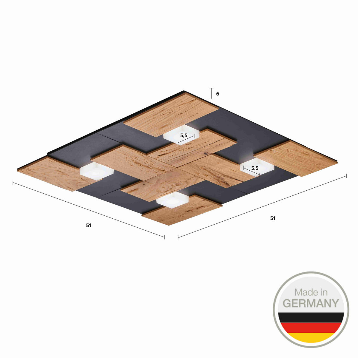 LED-DECKENLEUCHTE 662 51/51/5 cm   - Wildeiche, Natur, Metall (51/51/5cm) - Ambiente