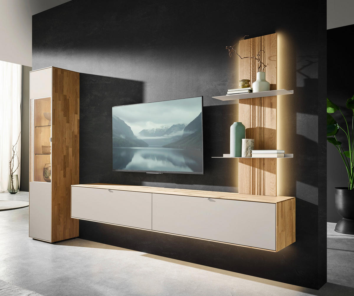 WOHNWAND  in Weiß, Wildeiche  303,8/205,5/37,1 cm   - Wildeiche/Schwarz, Design, Glas/Holz (303,8/205,5/37,1cm) - Dieter Knoll