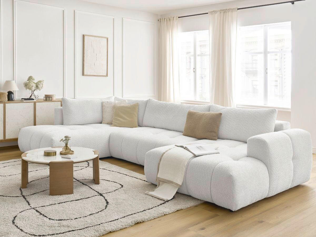 WOHNLANDSCHAFT  FUJI  Weiß Bouclé  - Schwarz/Weiß, MODERN, Kunststoff/Textil (204/377/160cm)