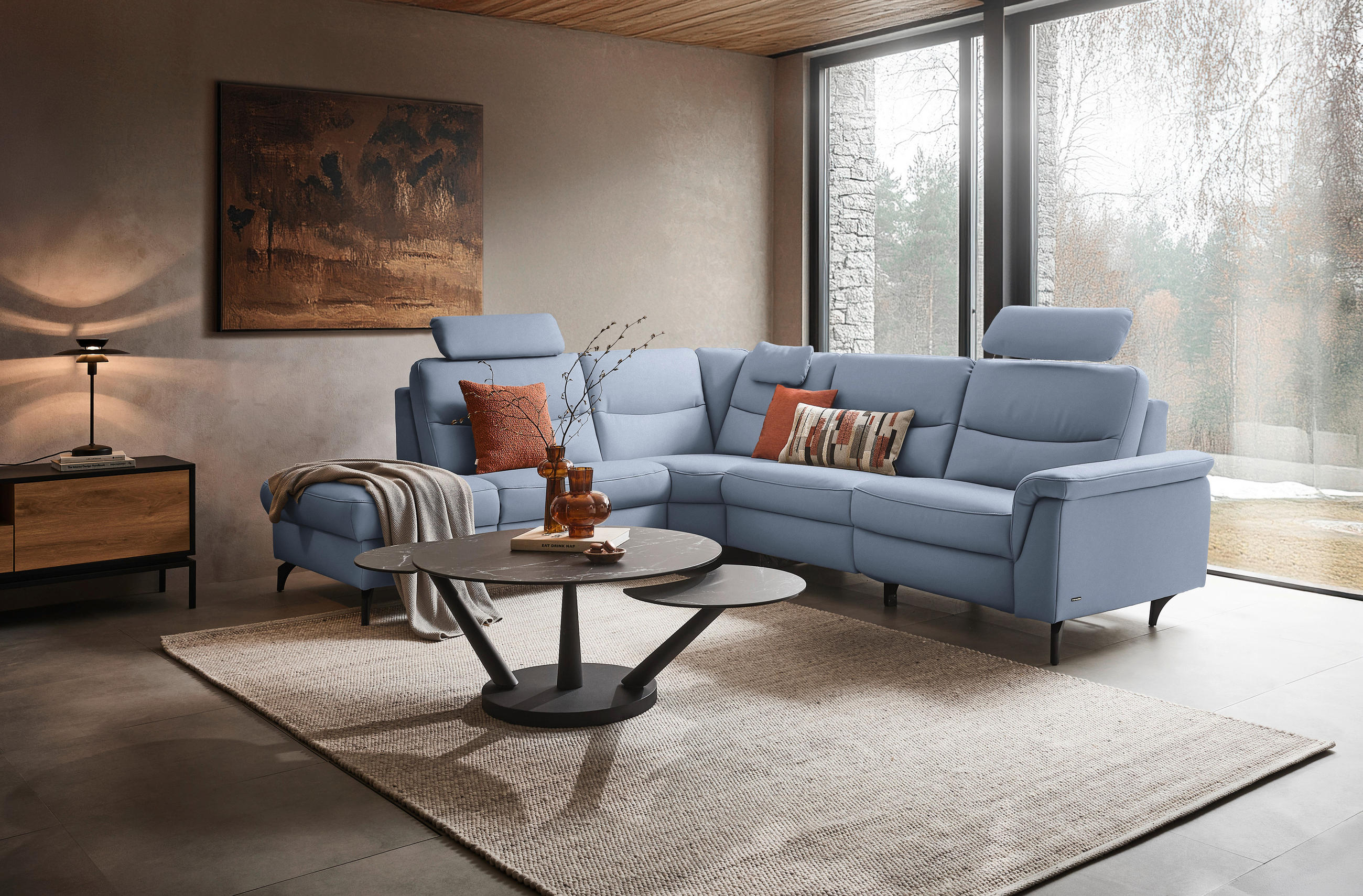 ECKSOFA  in Echtleder Hellblau  249/280 cm  - Anthrazit/Hellblau, Design, Leder/Metall (249/280cm) - Himolla Komfortklass