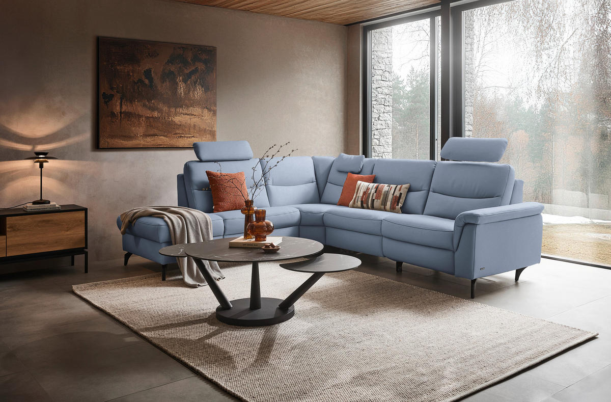 ECKSOFA in Echtleder Hellblau  249/280 cm  - Anthrazit/Hellblau, Design, Leder/Metall (249/280cm) - Himolla Komfortklass