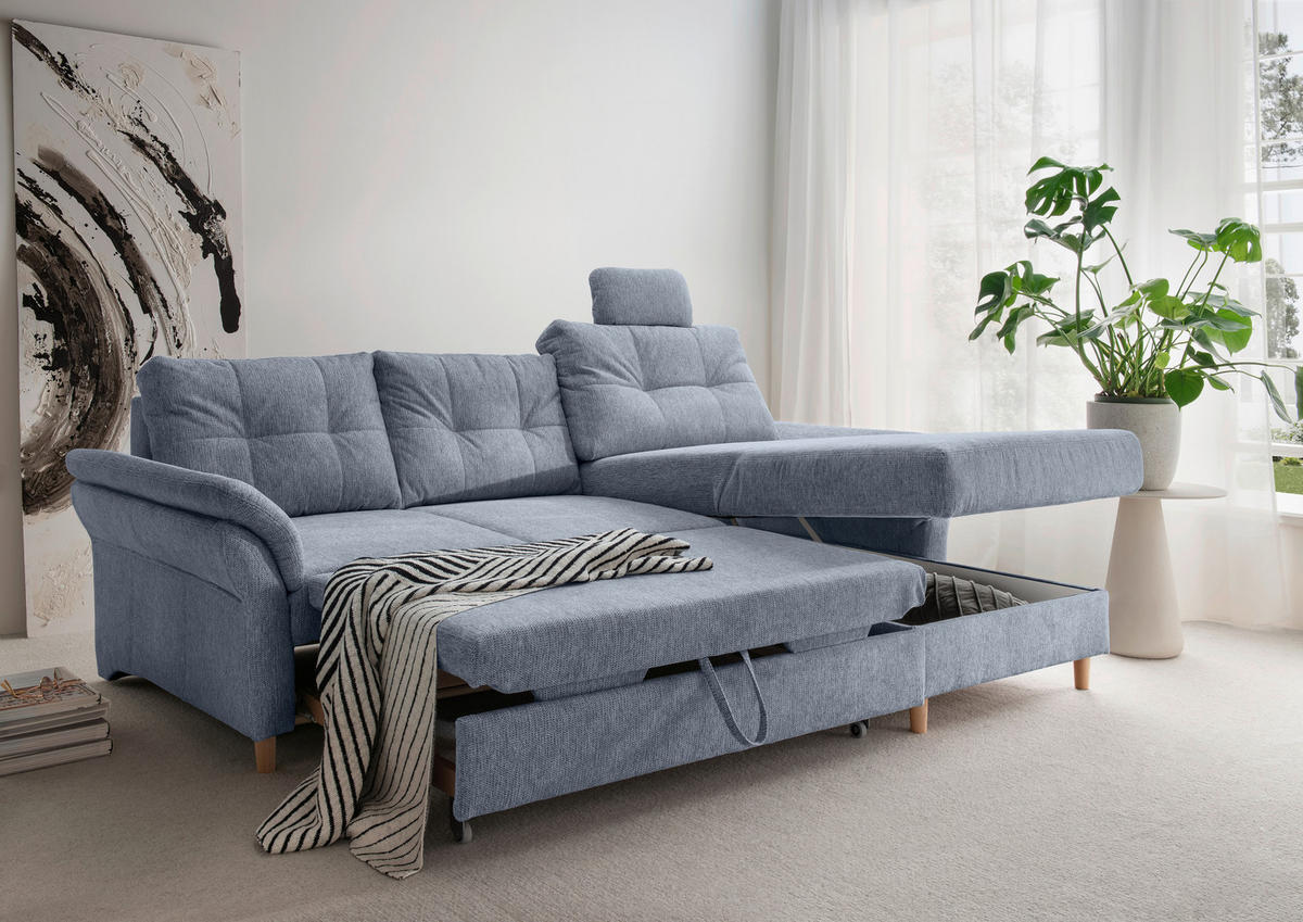 ECKSOFA in Chenille Hellblau  - Naturfarben/Hellblau, Modern, Holz/Textil (250/176cm) - Livetastic