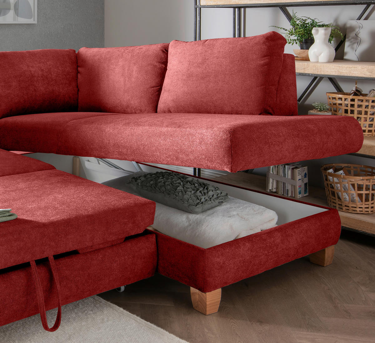 ECKSCHLAFSOFA in Chenille Rot  - Wildeiche/Rot, Modern, Holz/Textil (261/206cm) - Livetastic