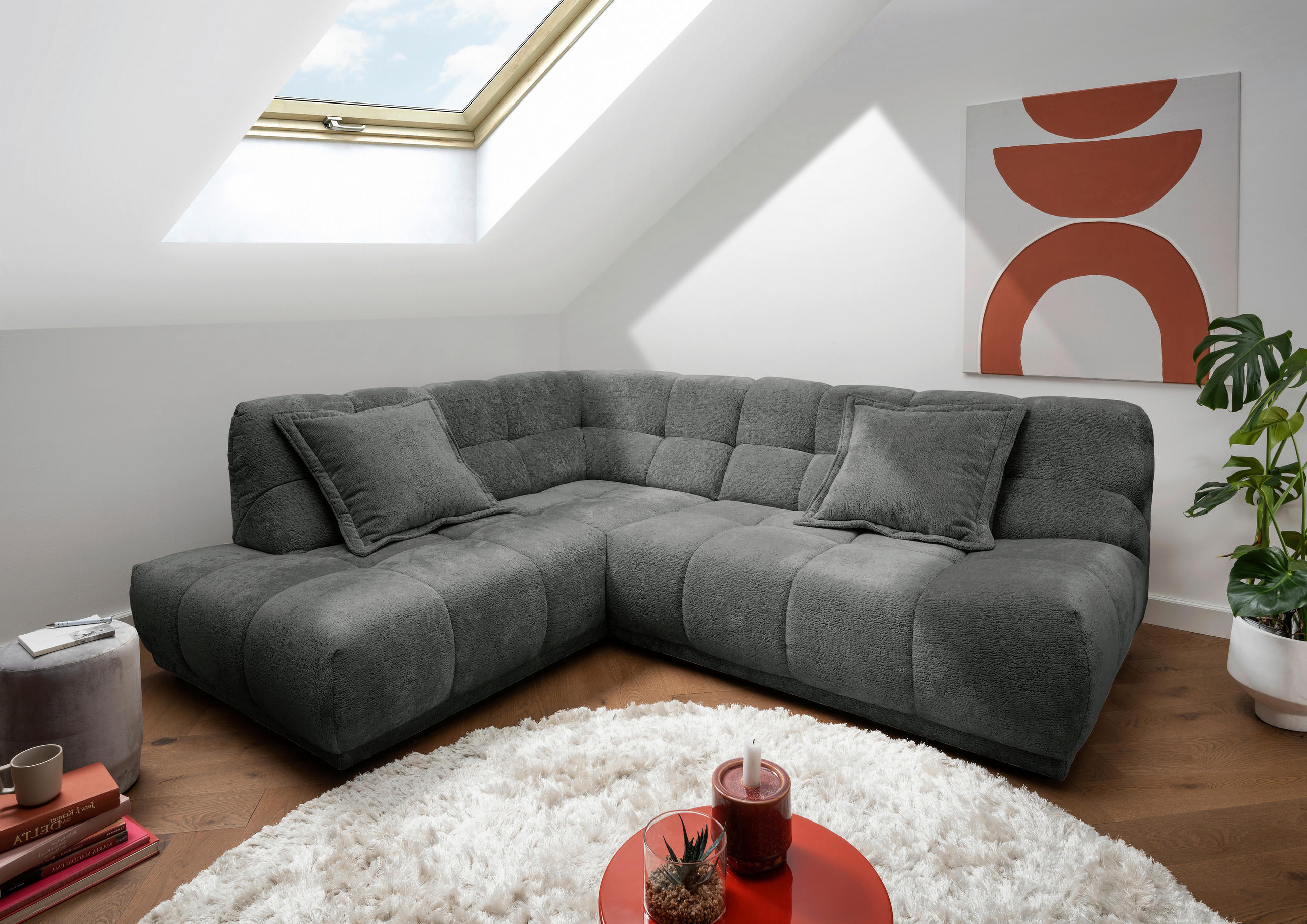 ECKSOFA ITALIA in Chenille Anthrazit  203/254 cm  - Anthrazit/Schwarz, MODERN, Kunststoff/Textil (203/254cm) - Livetastic