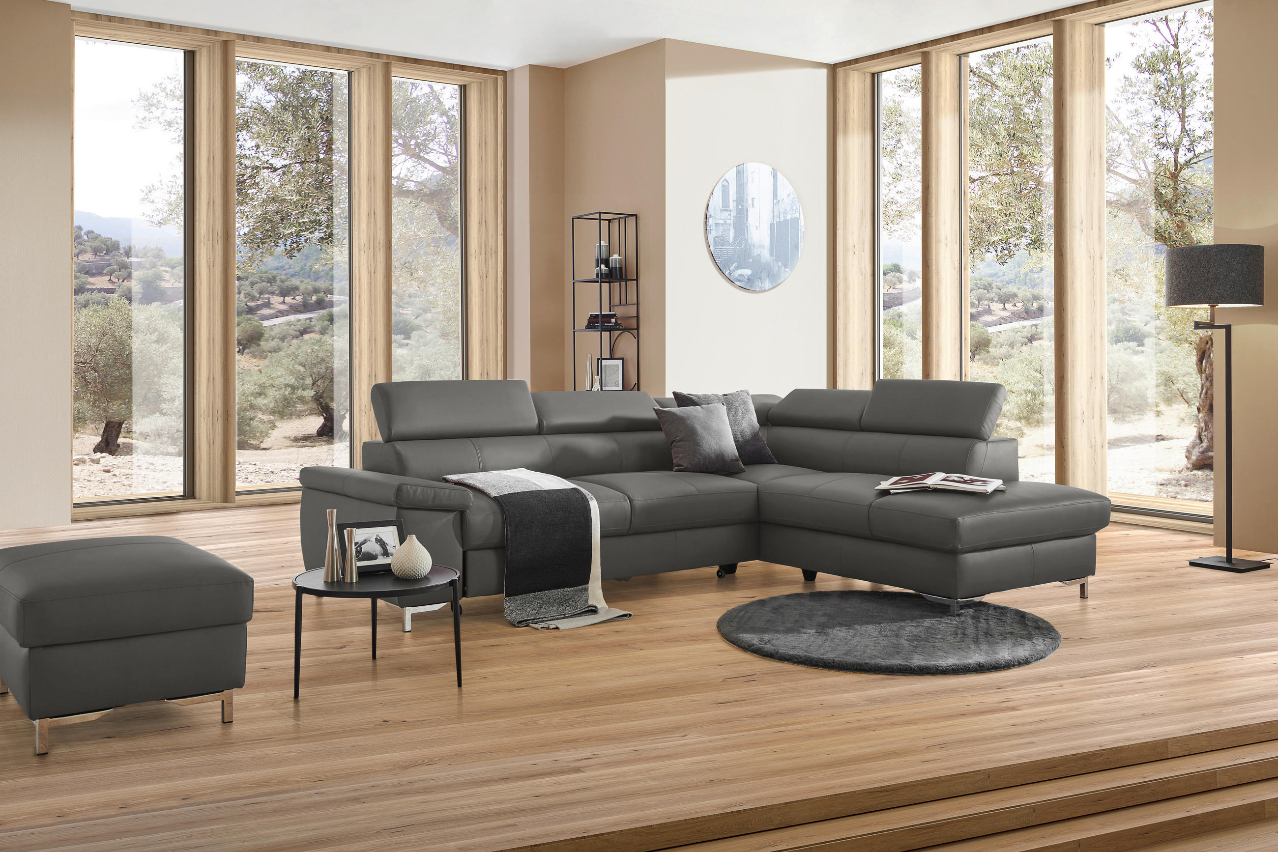 ECKSOFA in Echtleder Anthrazit  268/213 cm  - Chromfarben/Anthrazit, Design, Leder/Metall (268/213cm) - Stylife