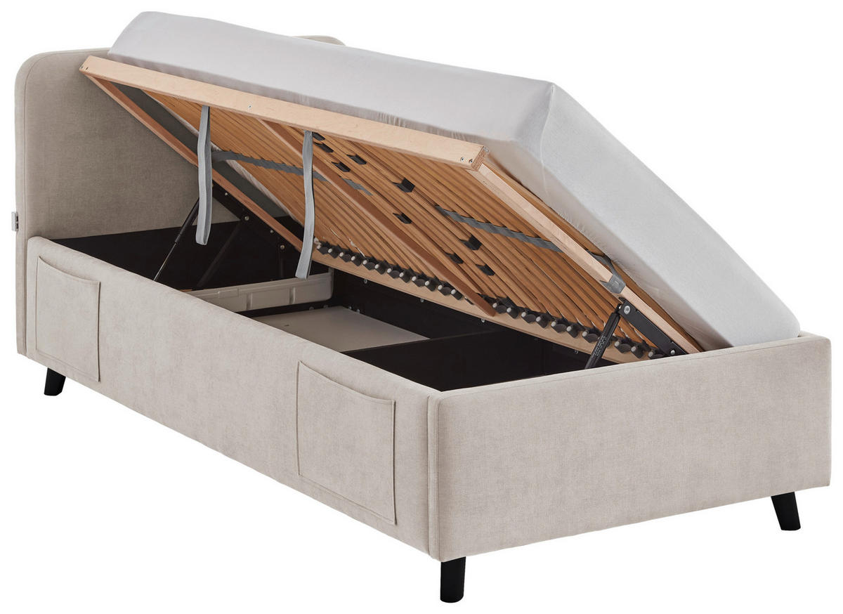 POLSTERBETT 90/200 cm,  in Schwarz, Beige, Lattenrost, Bettkasten, Betttasche,  - Birkefarben/Beige, KONVENTIONELL, Holz/Textil (90/200cm) - Boxxx