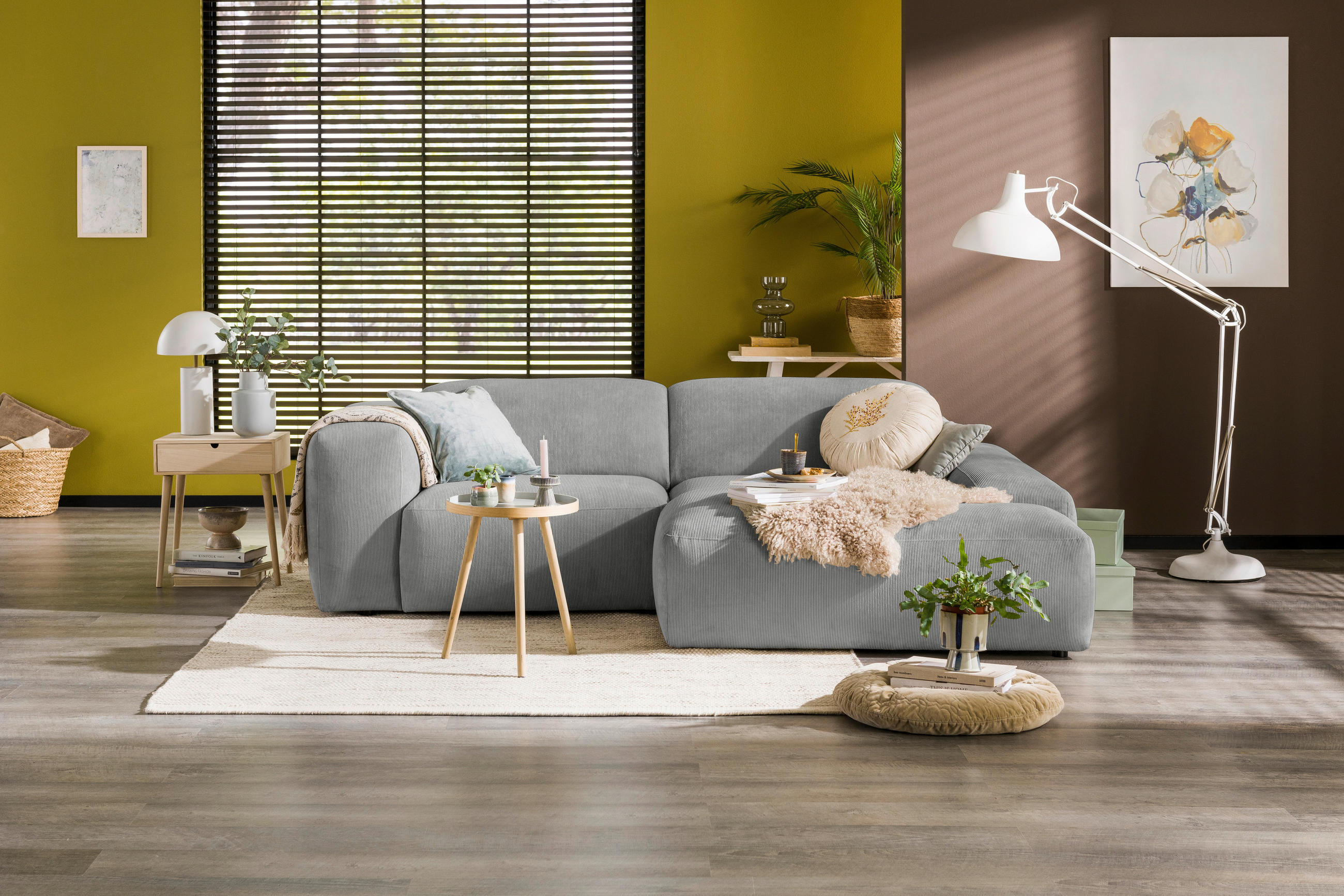 ECKSOFA in Cord Hellgrau  - Hellgrau/Schwarz, Design, Kunststoff/Textil (252/170cm) - MID.YOU