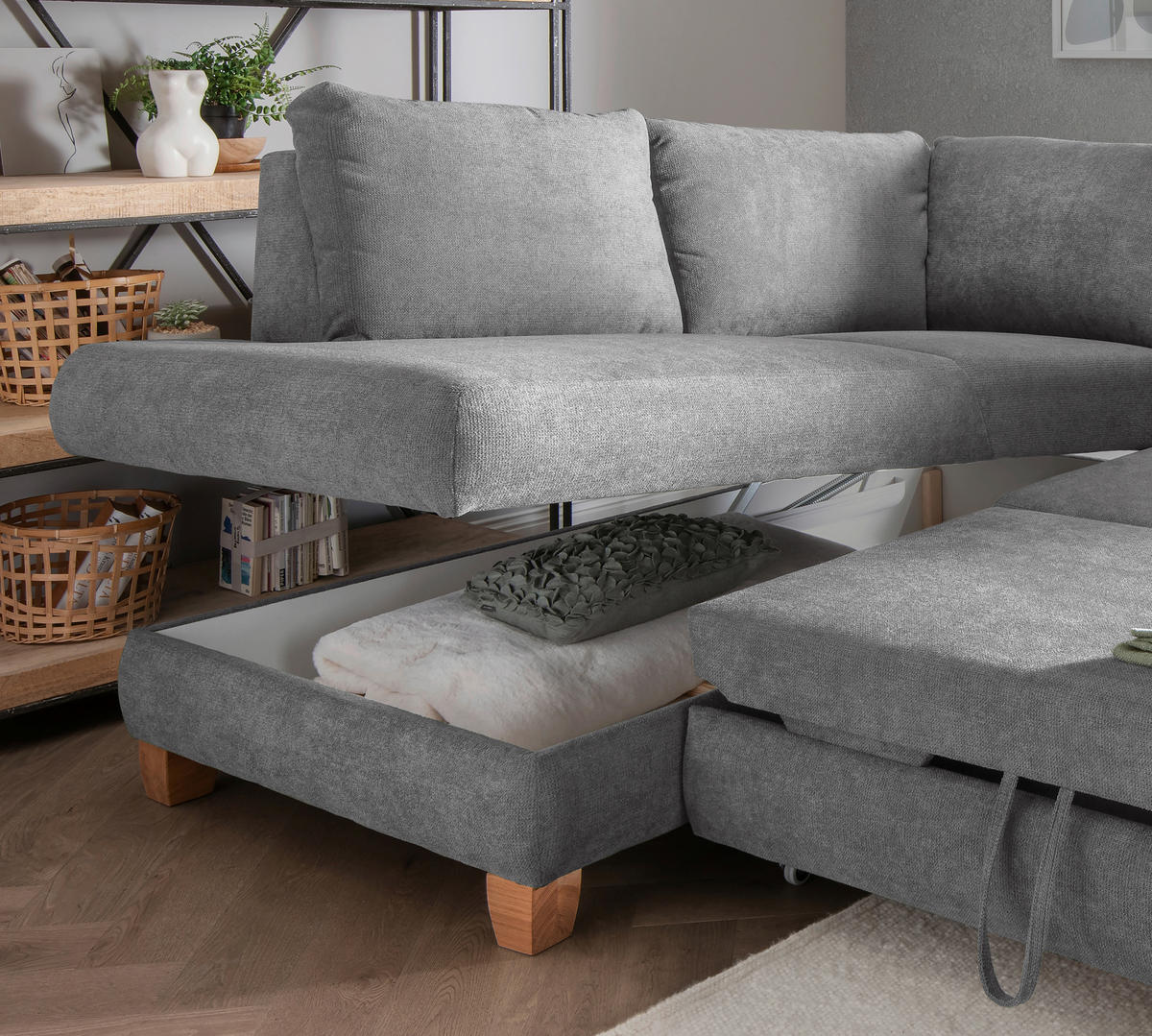 ECKSCHLAFSOFA in Chenille Dunkelgrau  - Wildeiche/Dunkelgrau, Modern, Holz/Textil (206/261cm) - Livetastic