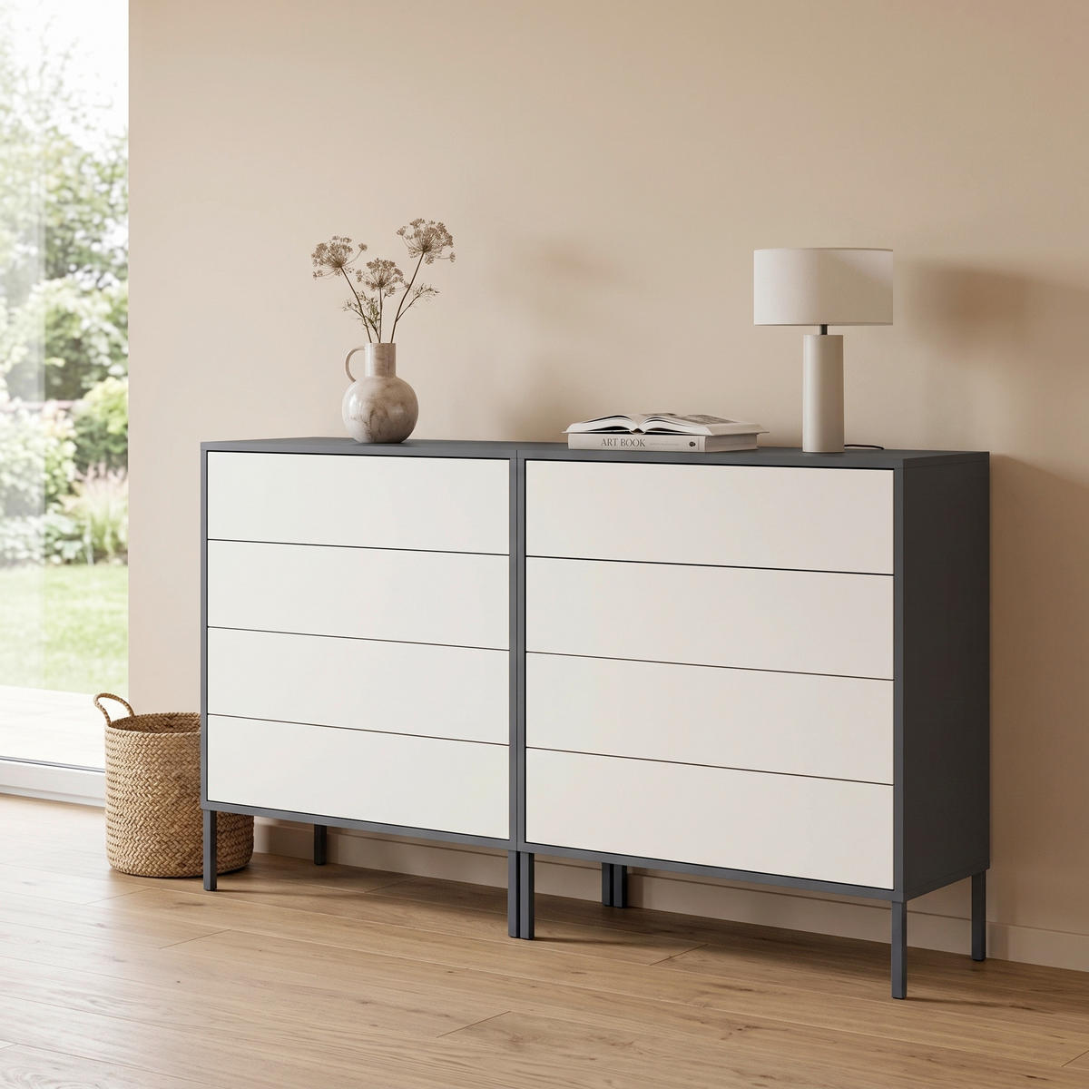 SIDEBOARD Mailand Set 1 + MF 158/86/33 cm 8 Schublade(n)  - Anthrazit/Weiß, MODERN, Holzwerkstoff/Metall (158/86/33cm) - MID.YOU