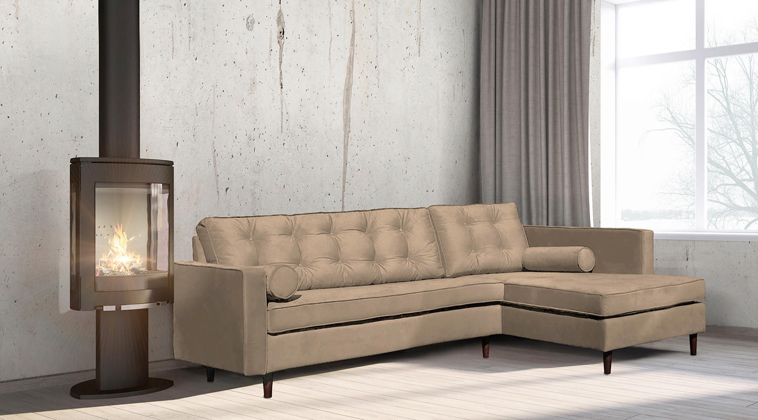 ECKSOFA VANCOUVER in Mikrofaser Hellbraun Zierkissen, Rückenkissen  240/169 cm  - Hellbraun/Braun, Design, Holz/Textil (240/169cm) - P & B