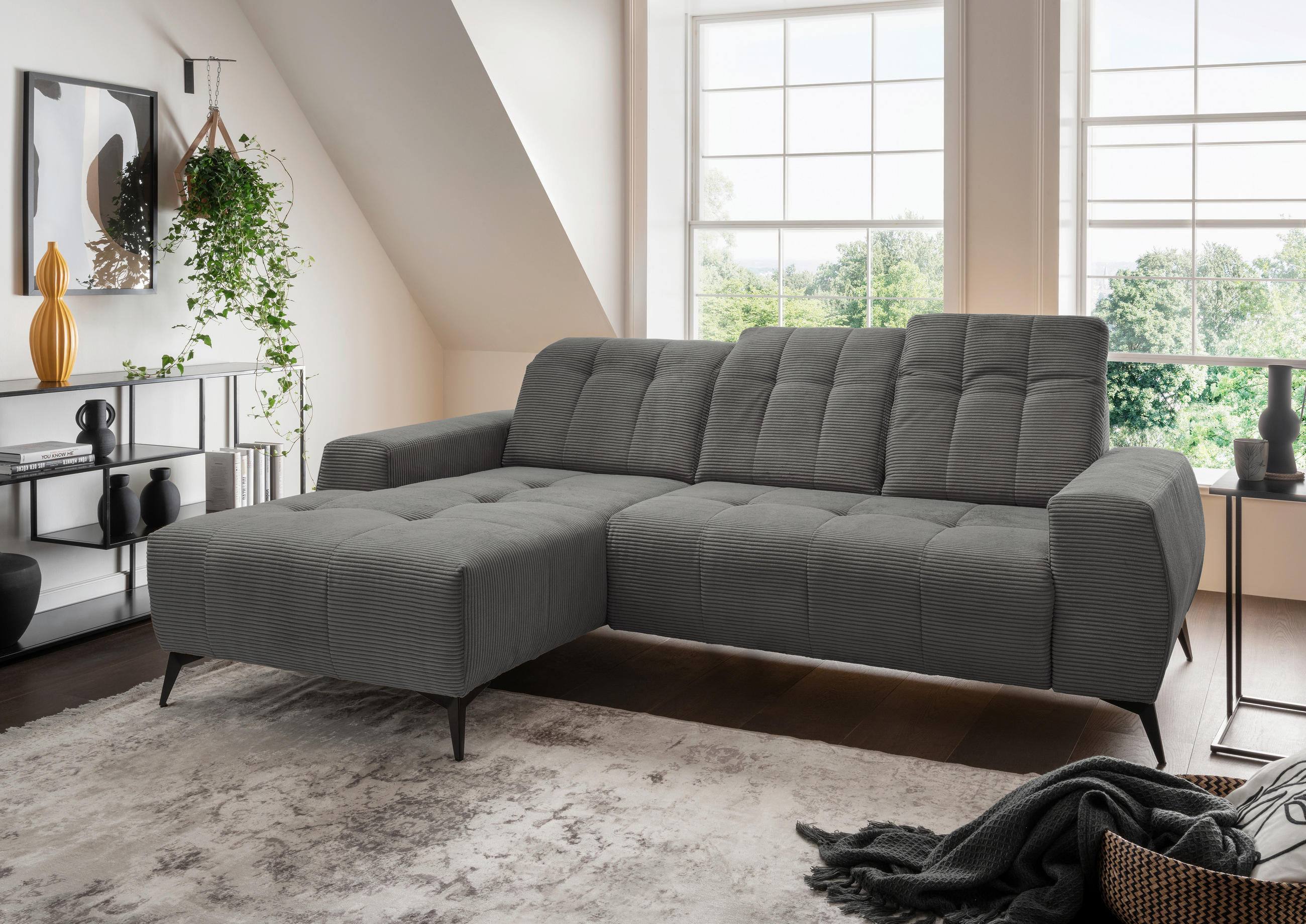 ECKSOFA Grau Cord - Schwarz/Grau, MODERN, Textil/Metall (258/180cm) - Livetastic