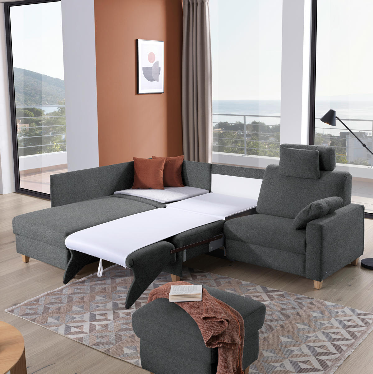 ECKSOFA in Flachgewebe Anthrazit  203/261 cm  - Eichefarben/Anthrazit, KONVENTIONELL, Holz/Textil (203/261cm) - Sedda