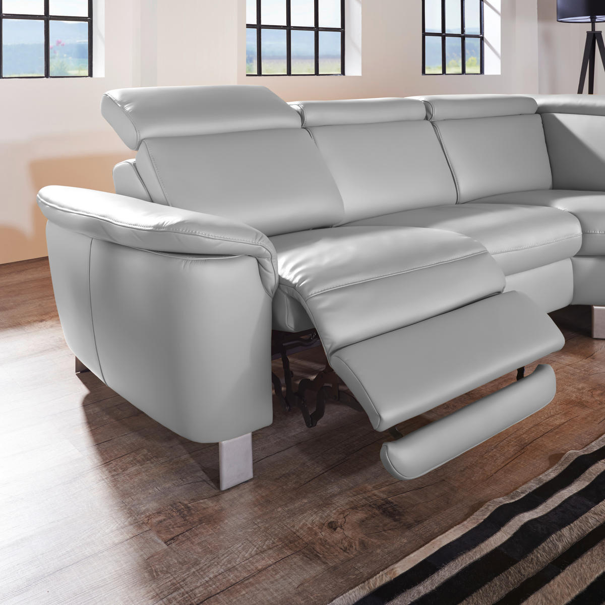 ECKSOFA in Echtleder Grau  - Alufarben/Grau, Design, Leder/Metall (271/239cm) - Cantus