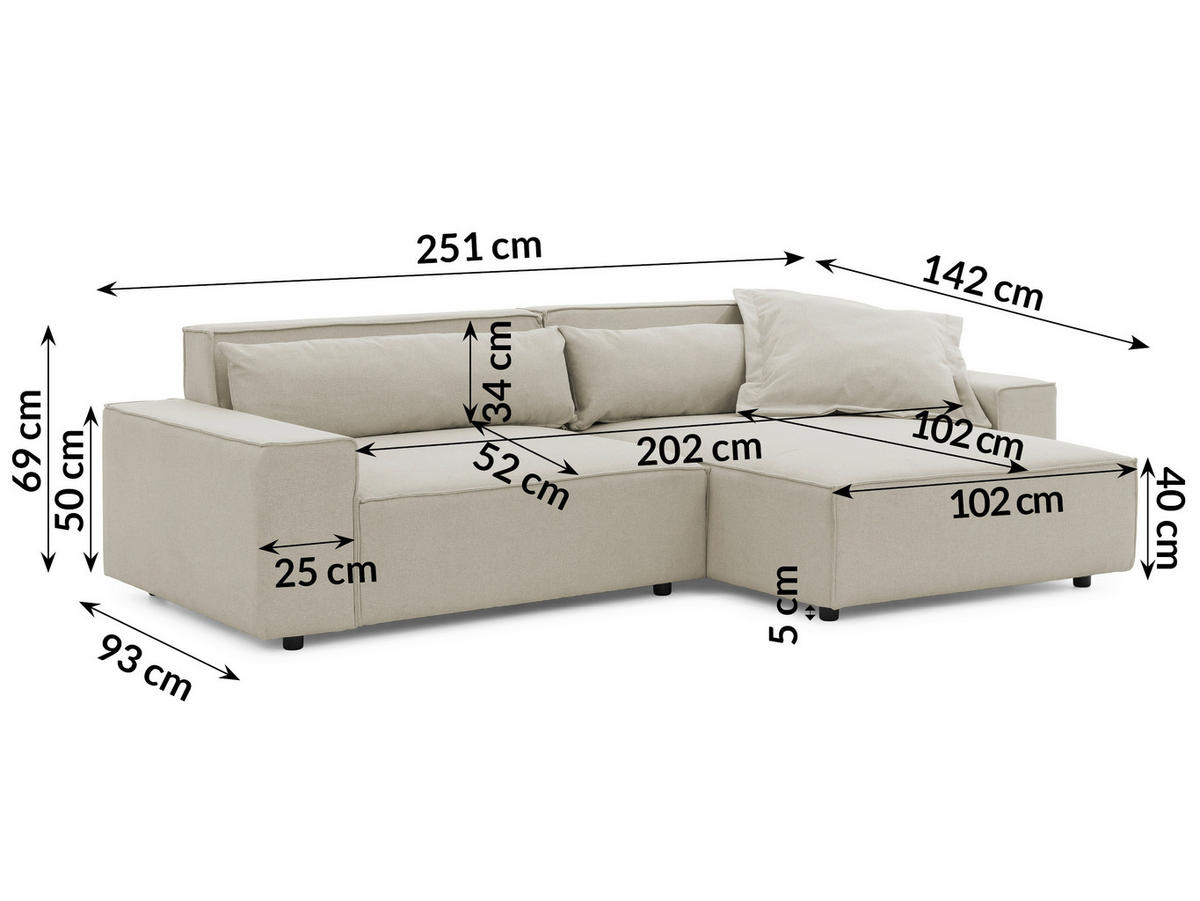 ECKSOFA Curduroy in Webstoff Ecru Rückenkissen  251/142 cm  - Ecru/Schwarz, Design, Kunststoff/Textil (251/142cm) - P & B