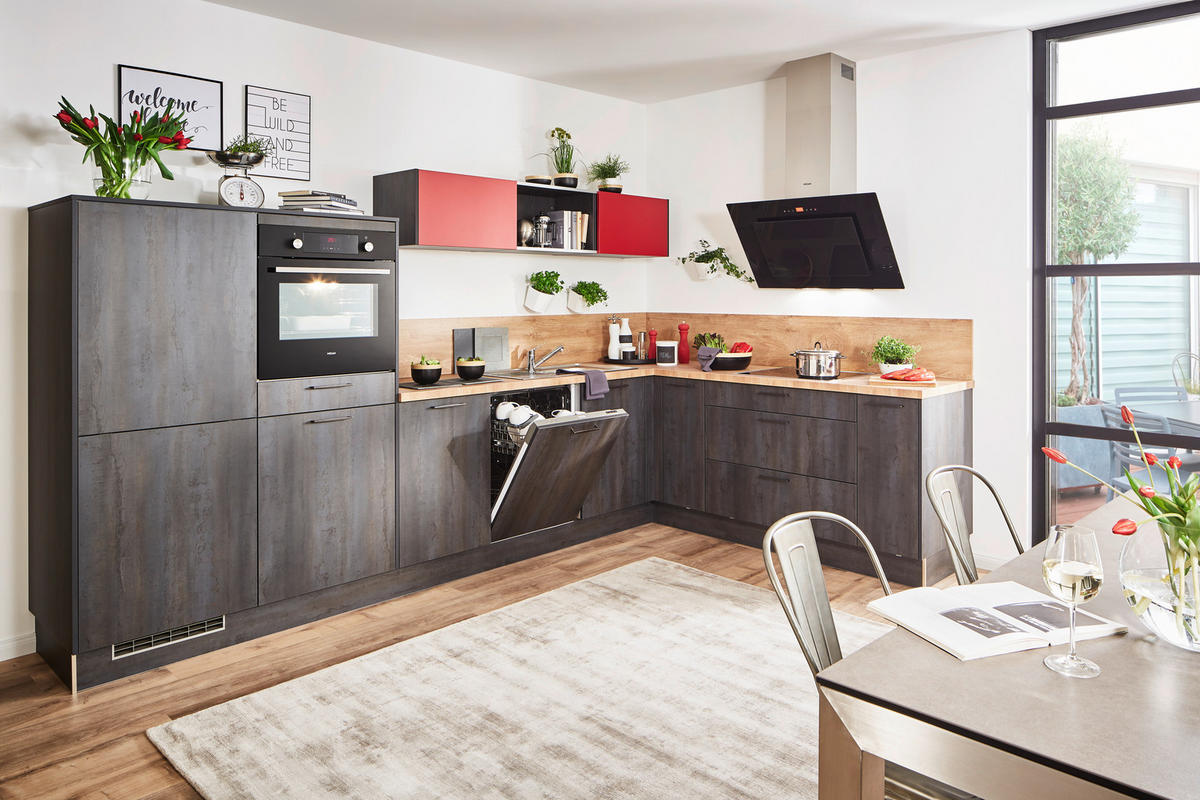 EINBAUKÜCHE METEOR  - Rot/Schwarz, LIFESTYLE, Holzwerkstoff - Moderano