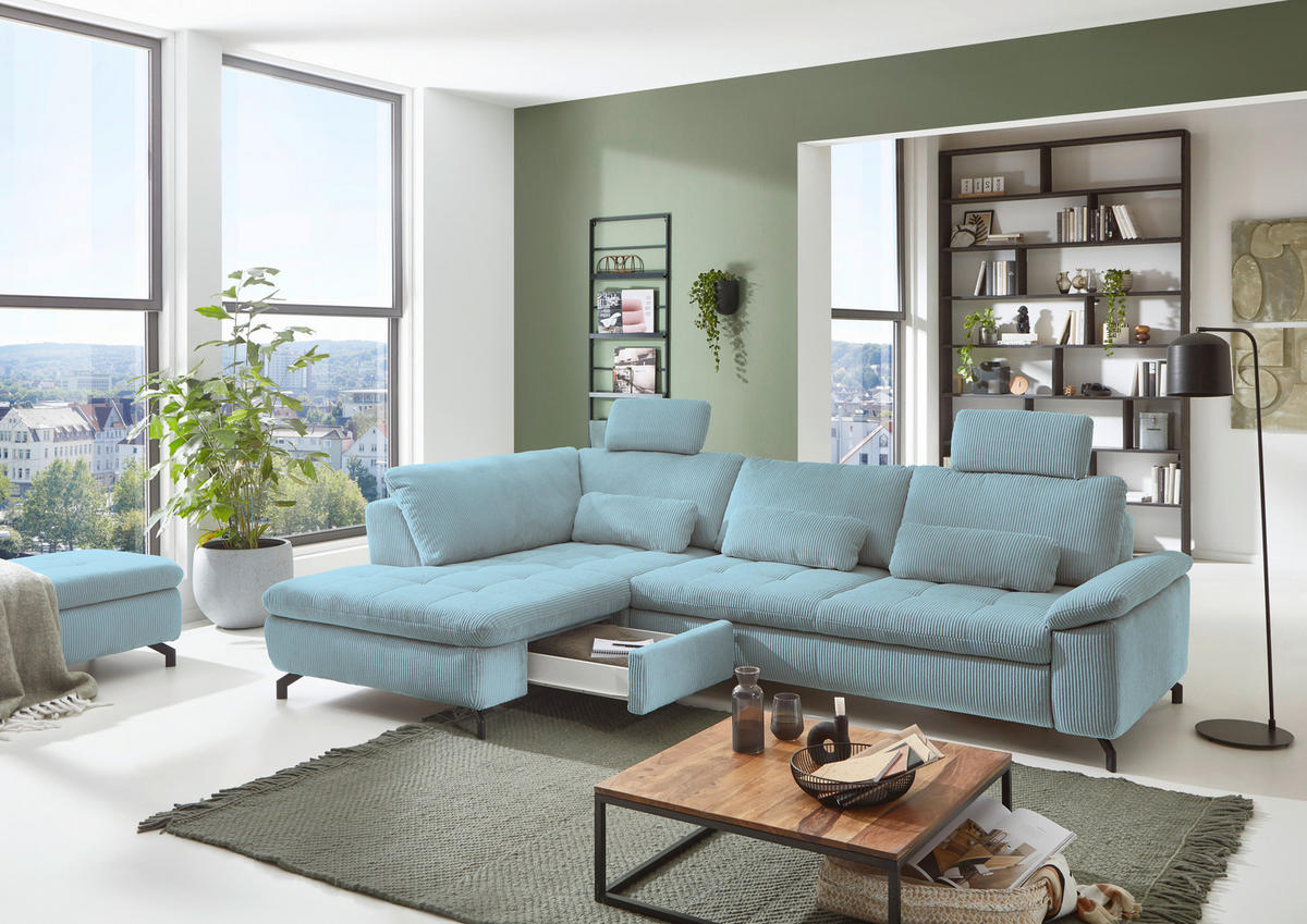 ECKSOFA in Cord, Velours Hellblau  - Schwarz/Hellblau, Design, Textil/Metall (197/291cm) - Beldomo Style