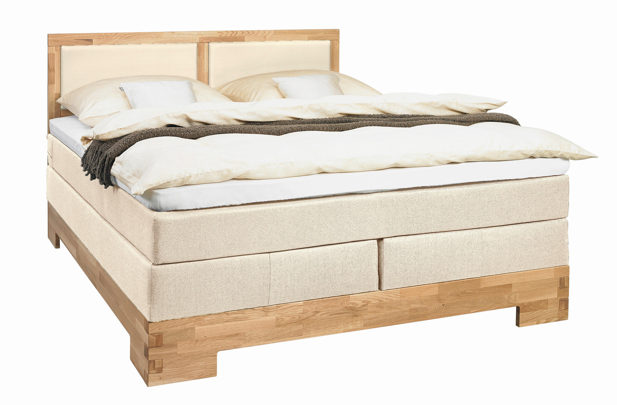 BOXSPRINGBETT 140/200 cm,  in Eichefarben, Beige, Matratze, gepolstertes Kopfteil, Topper, H3 = fest  - Eichefarben/Beige, Design, Holz/Textil (140/200cm) - Linea Natura