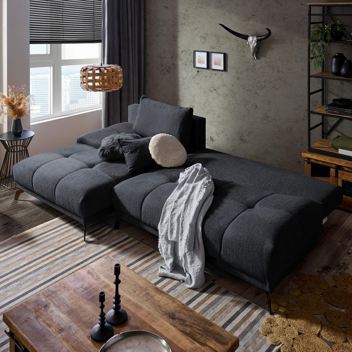 ECKSOFA in Chenille Dunkelblau  - Schwarz/Dunkelblau, Modern, Textil/Metall (182/290cm) - Hom`in