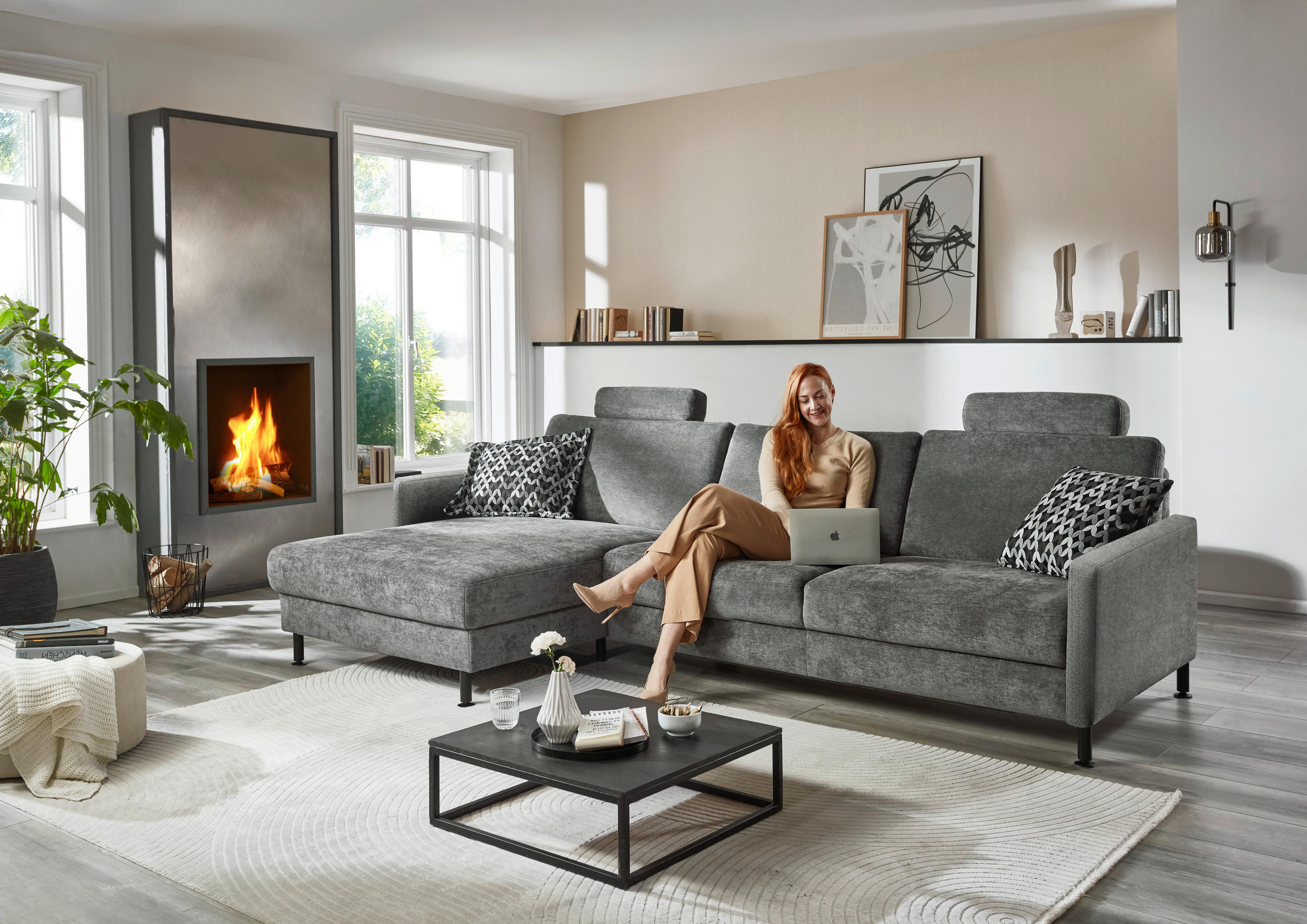 ECKSOFA Dieter Knoll Dunkelgrau Chenille, Flachgewebe  - Dunkelgrau/Schwarz, Design, Textil/Metall (175/316cm) - Dieter Knoll