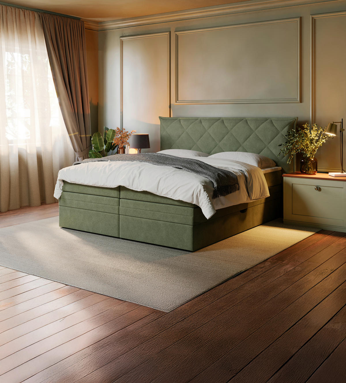 BOXSPRING-ÁGY 180/200 cm  zöld  - fekete/zöld, Konventionell, textil/fa (180/200cm) - Welnova