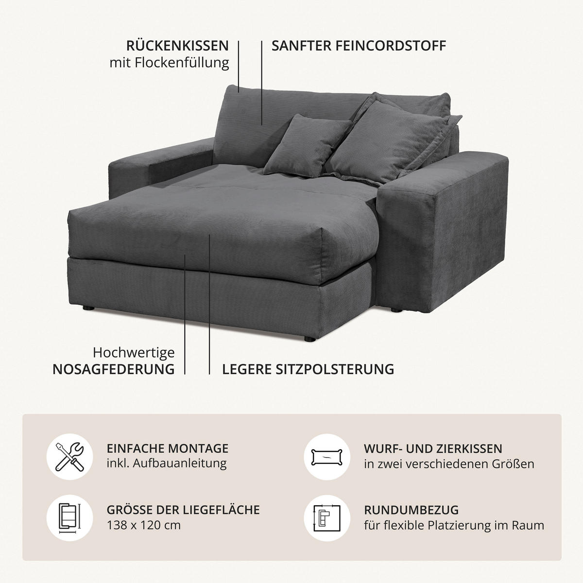 XXL-SESSEL Cord Grün  - Schwarz/Grün, Modern, Textil (180/70/180cm) - P & B
