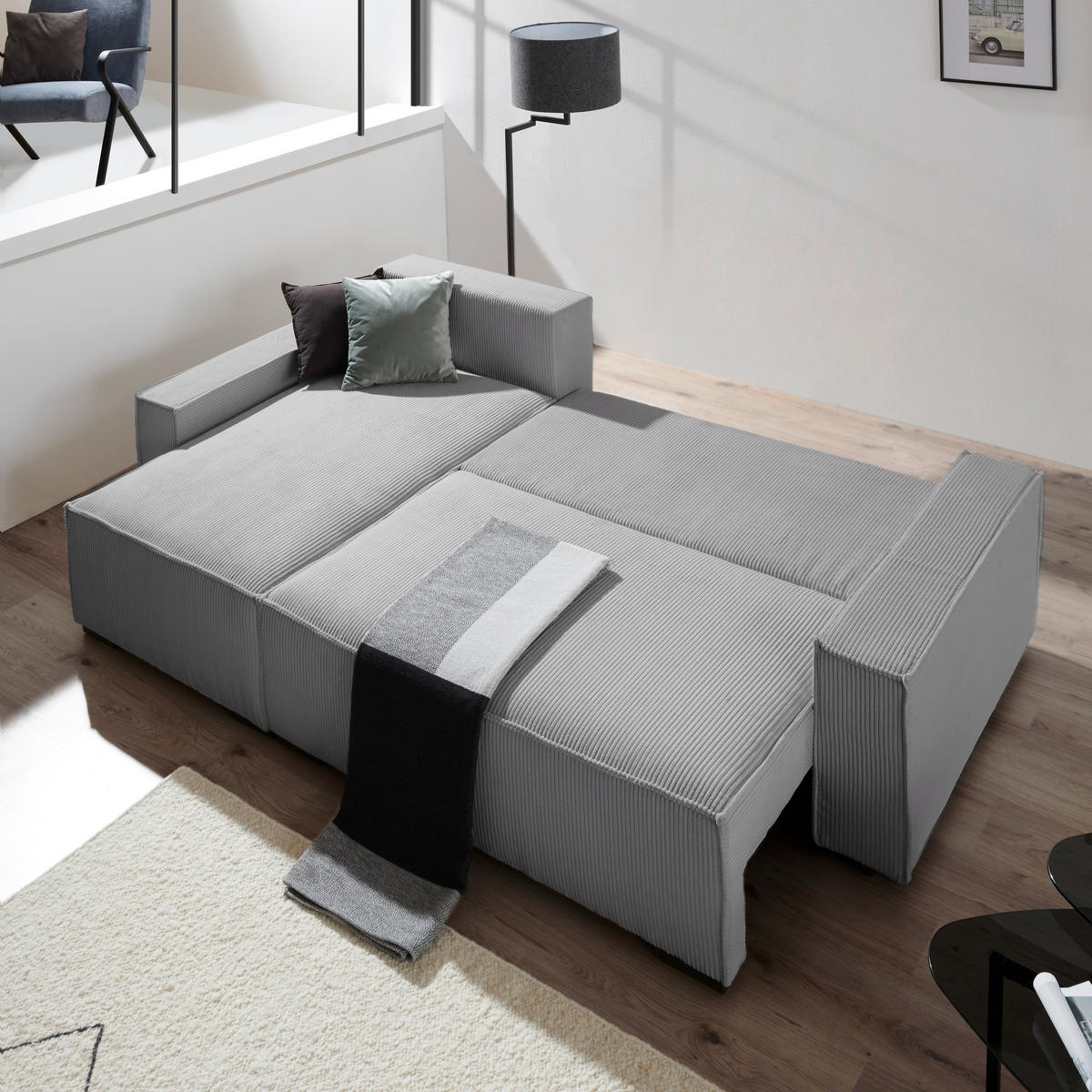 ECKSOFA in Cord, Webstoff Grau  - Schwarz/Grau, Modern, Holz/Textil (157/265cm) - Carryhome
