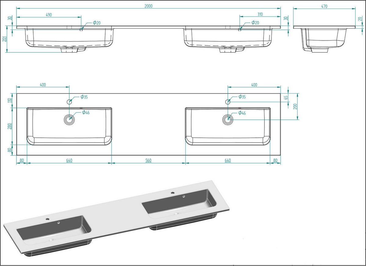WASCHTISCHKOMBI 200 cm  - Weiß Hochglanz/Weiß, Basics, Holzwerkstoff/Stein (200cm) - MID.YOU