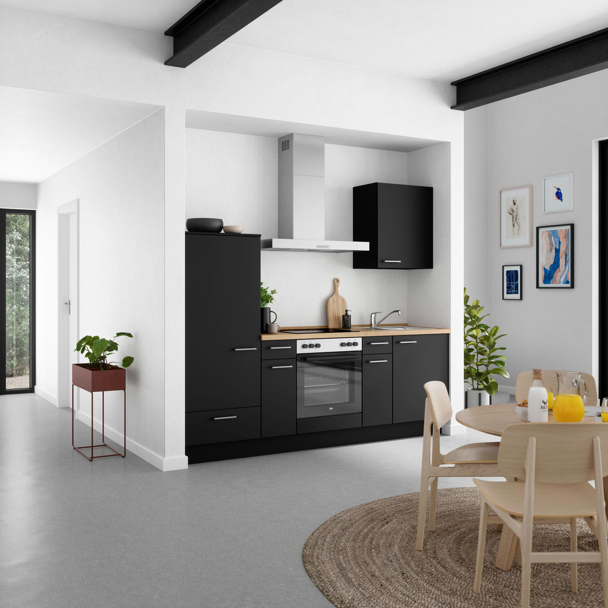 KÜCHENBLOCK 240 cm   in Schwarz, Eichefarben  - Edelstahlfarben/Eichefarben, MODERN, Holzwerkstoff/Metall (240cm) - Nobilia