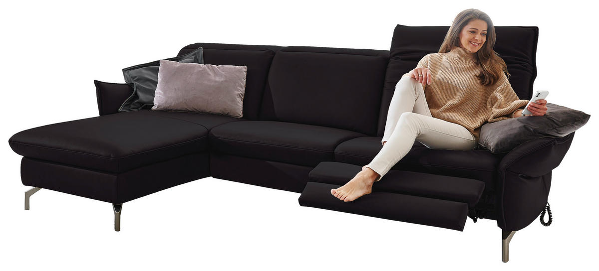 ECKSOFA in Lederlook (vegan) Schwarz  - Schwarz/Nickelfarben, Modern, Textil/Metall (179/233cm) - Livetastic