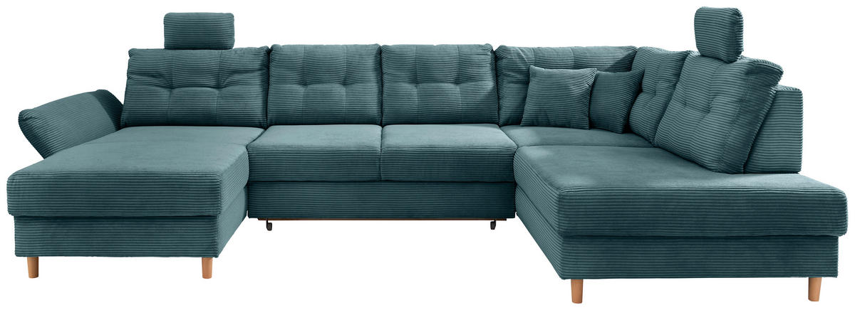 WOHNLANDSCHAFT  in Cord Petrol  - Petrol/Naturfarben, MODERN, Holz/Textil (176/338-352/206cm) - Livetastic