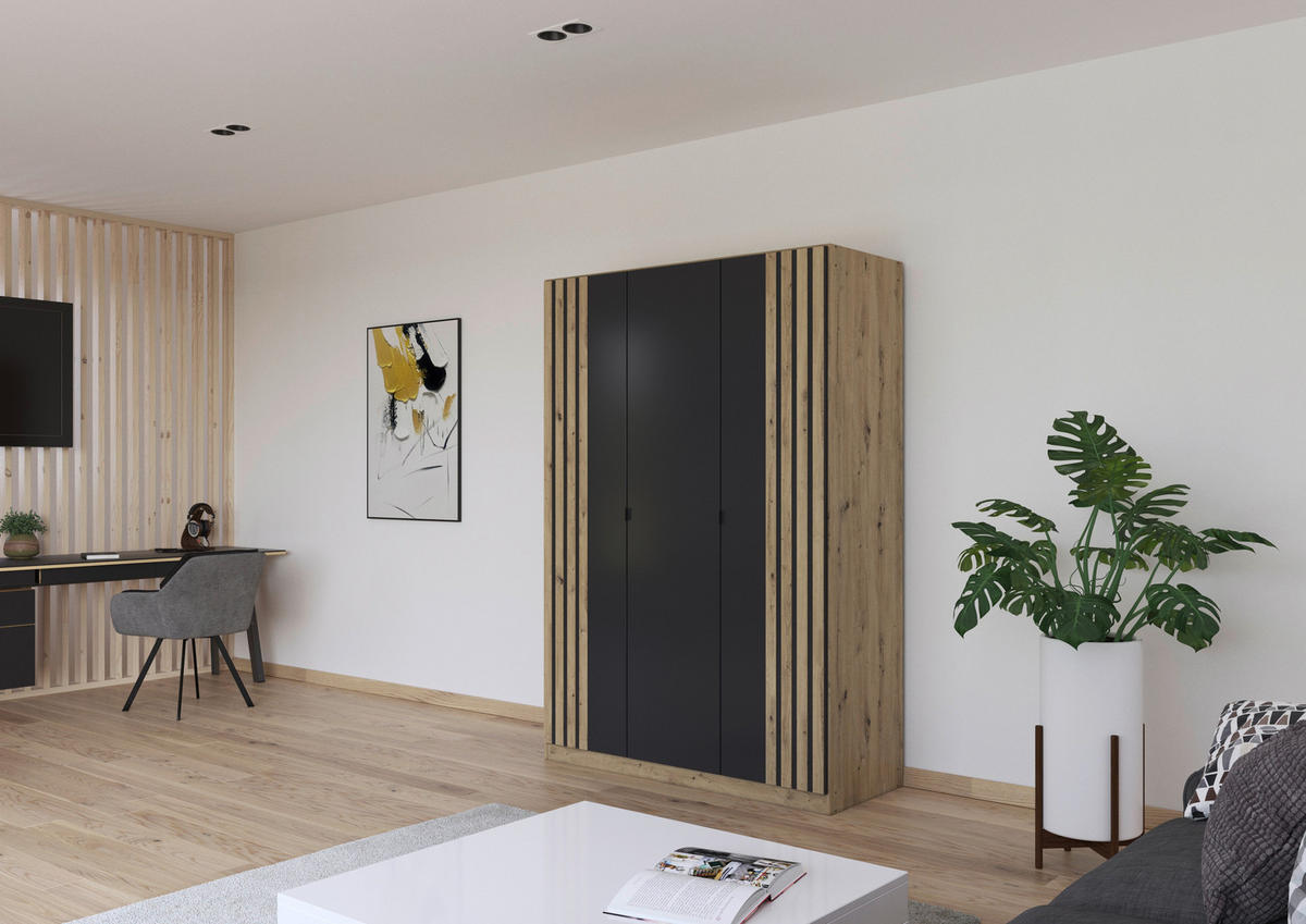 DREHTÜRENSCHRANK Grau, Eiche Artisan  - Eiche Artisan/Grau, Modern, Holzwerkstoff/Metall (136/197/54cm) - Rauch Möbel