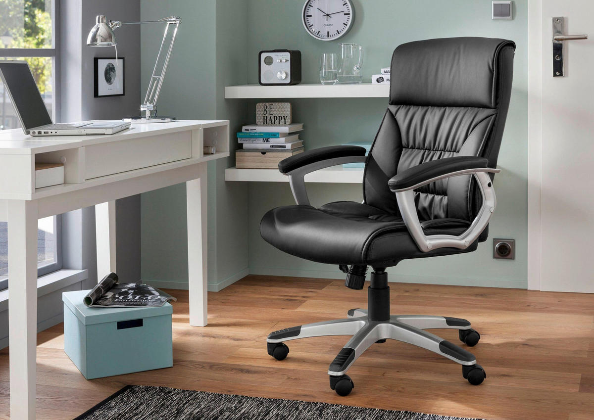 DREHSTUHL Lederlook Schwarz  - Silberfarben/Schwarz, Design, Textil/Metall (65/118/64cm) - MID.YOU