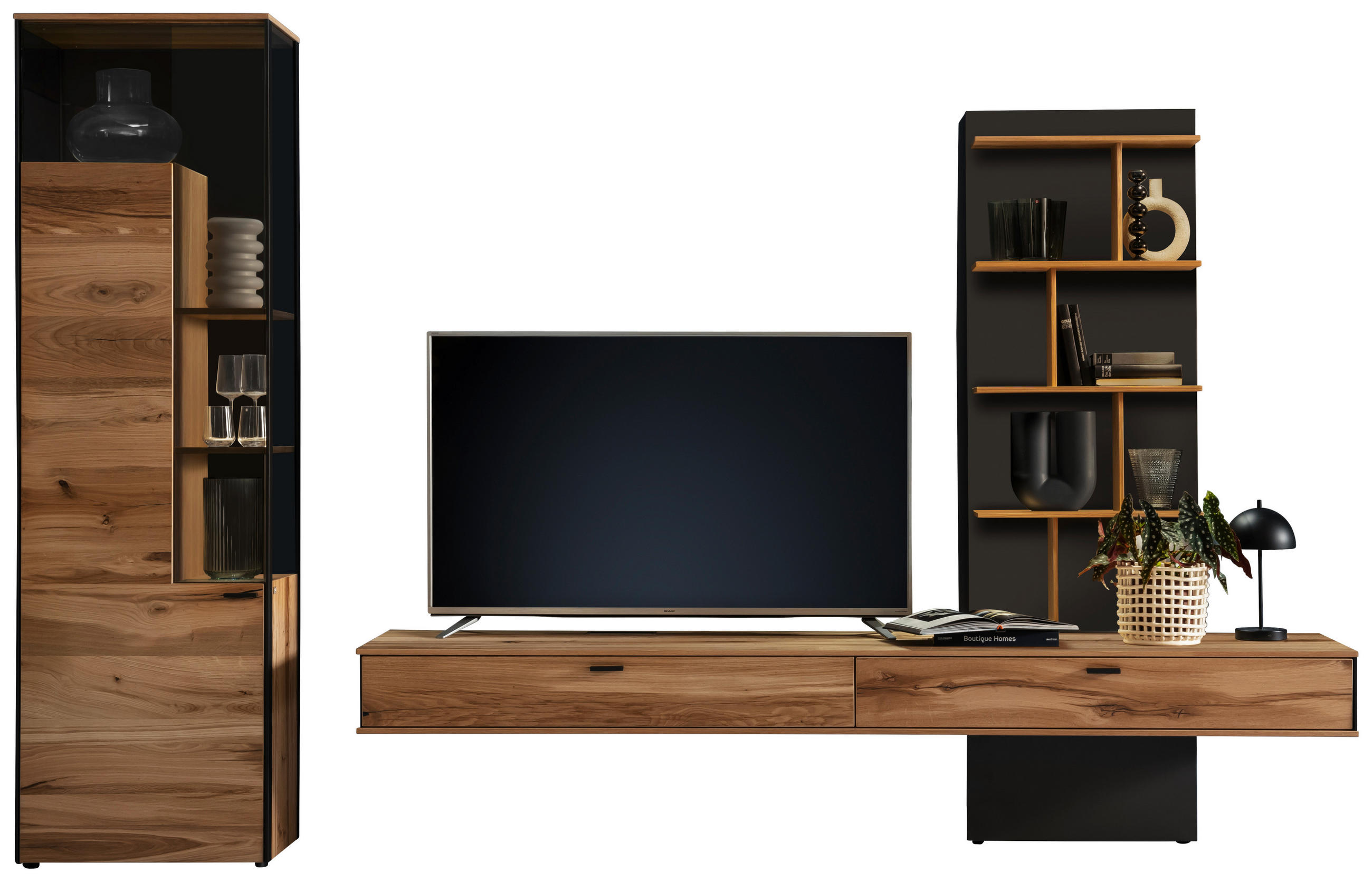 WOHNWAND  in Anthrazit, Eichefarben  323/207/53 cm  - Eichefarben/Anthrazit, Design, Glas/Holz (323/207/53cm) - Schöner Wohnen