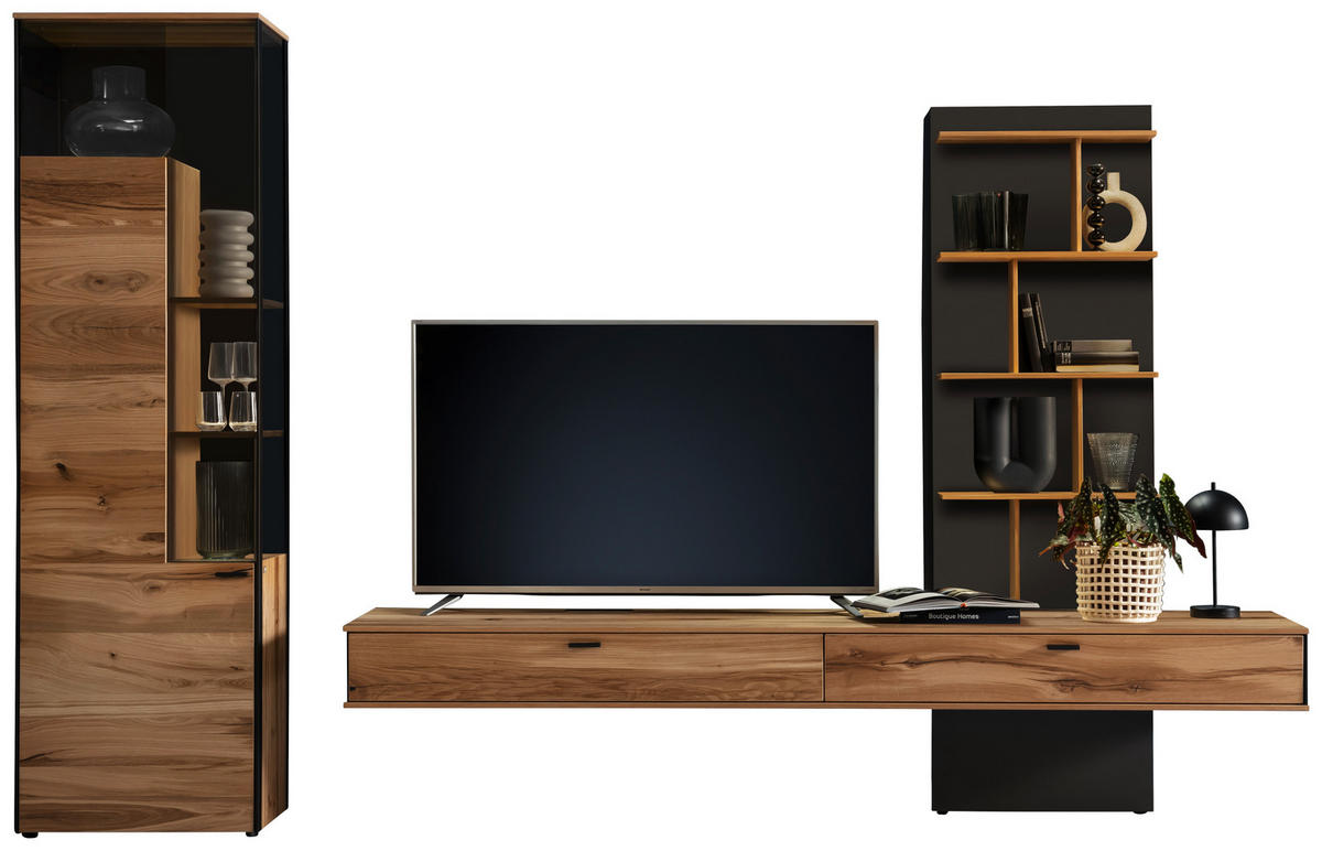 WOHNWAND  in Anthrazit, Eichefarben  323/207/53 cm  - Eichefarben/Anthrazit, Design, Glas/Holz (323/207/53cm) - Schöner Wohnen