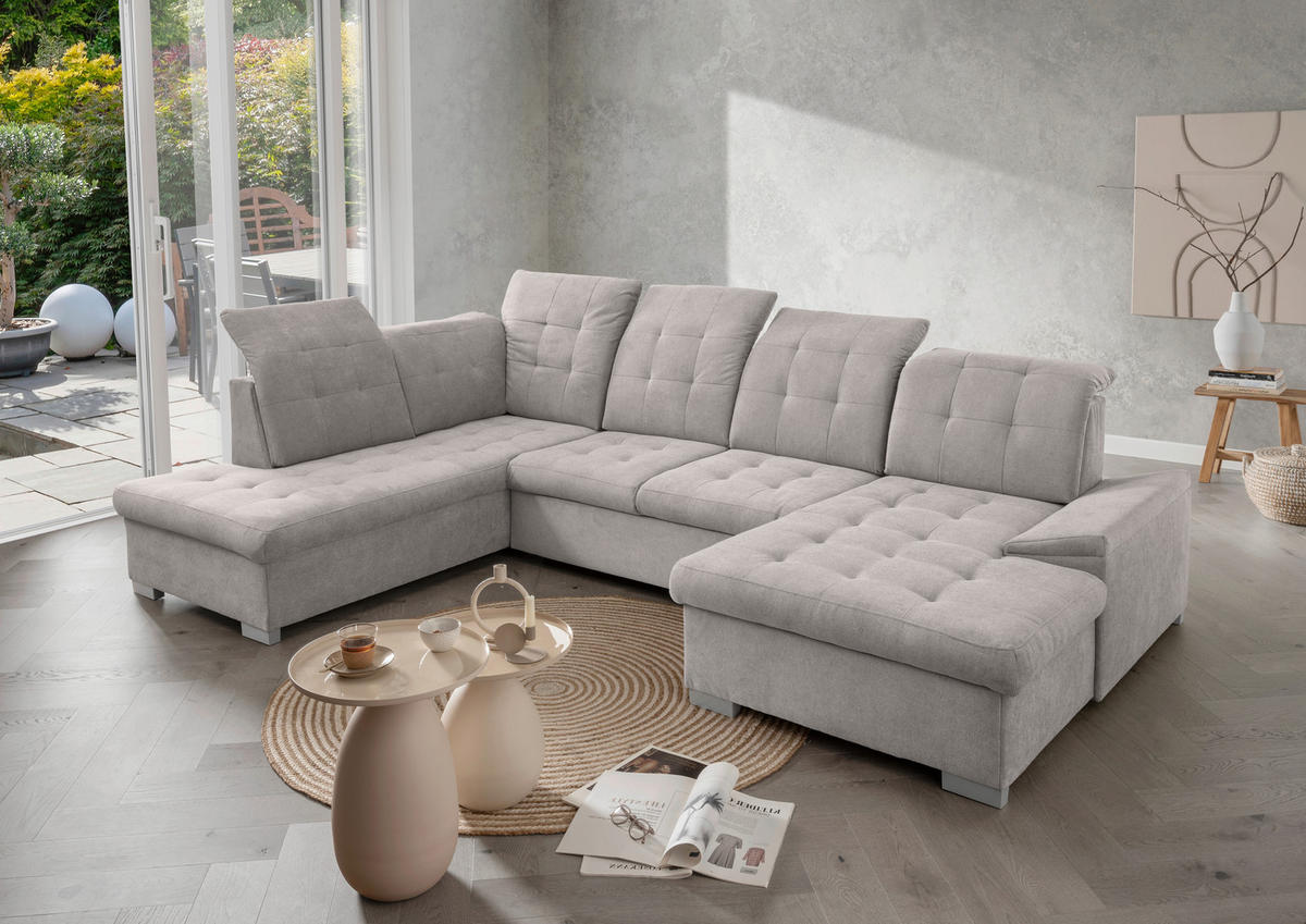 WOHNLANDSCHAFT Chenille Grau  - Chromfarben/Grau, Modern, Kunststoff/Textil (212/330/169cm) - Livetastic