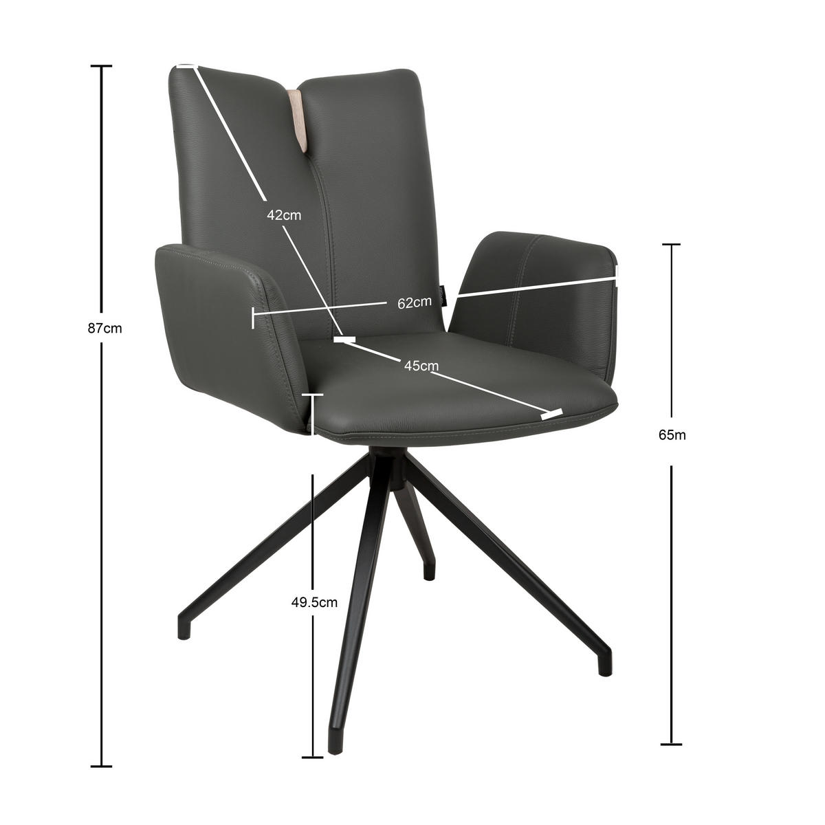 ARMLEHNSTUHL  Sitzfläche 360° drehbar, automatische Rückholfunktion  Echtleder  - Anthrazit/Schwarz, Design, Leder/Holz (62/87/63cm) - Valnatura