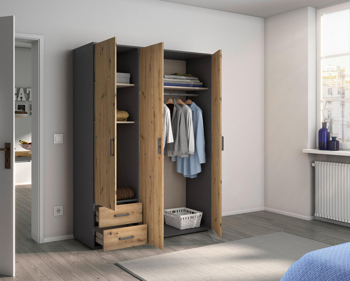 DREHTÜRENSCHRANK in Grau, Eiche Artisan  - Eiche Artisan/Grau, Modern, Holzwerkstoff/Kunststoff (140/194/53cm) - Rauch Möbel