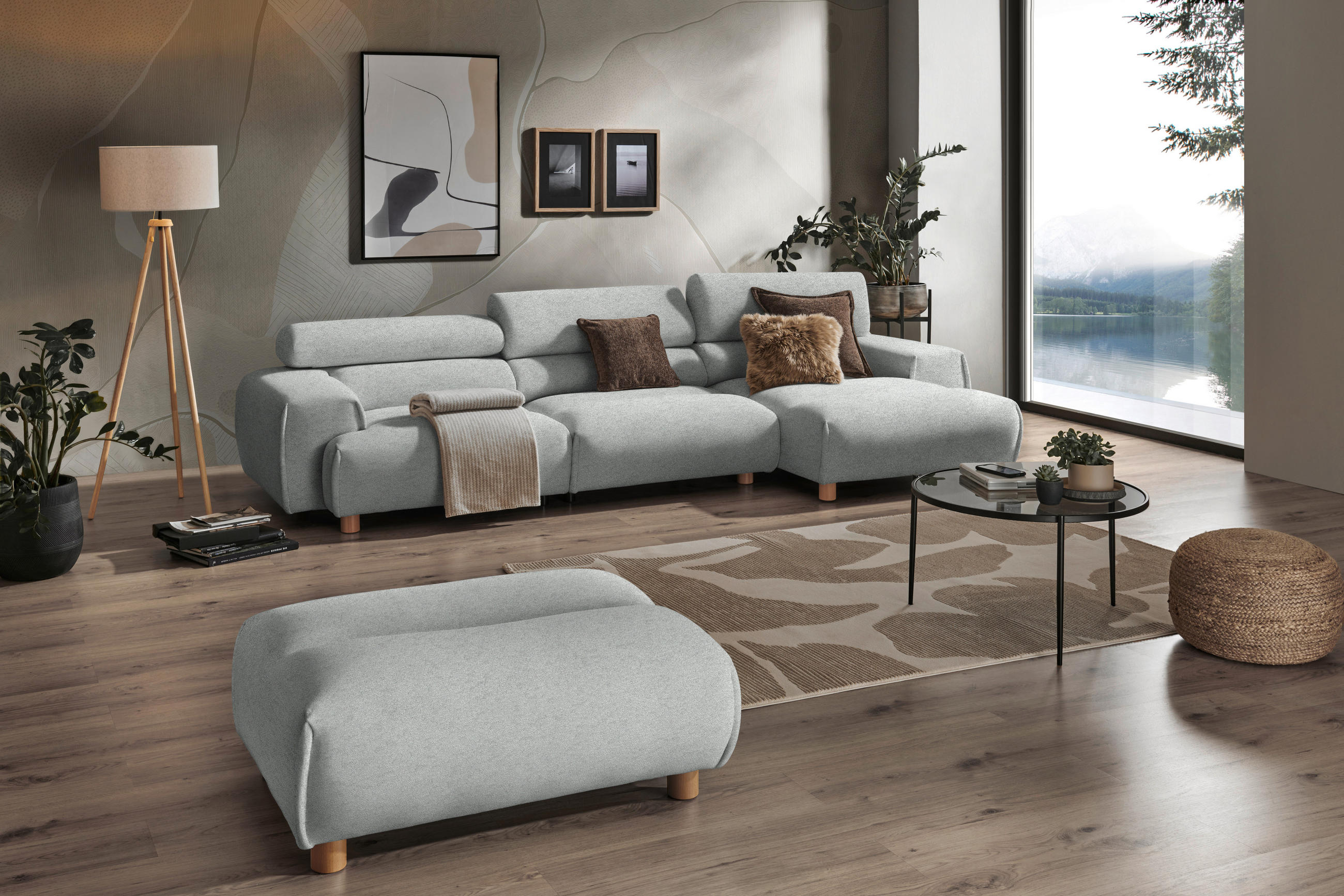 ECKSOFA in Velours Hellgrau  - Buchefarben/Hellgrau, Design, Holz/Textil (329/150cm) - Lomoco