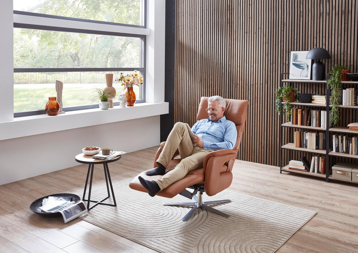 RELAXSESSEL in Leder Braun  - Edelstahlfarben/Braun, Design, Leder/Metall (70/124/85cm) - Cantus