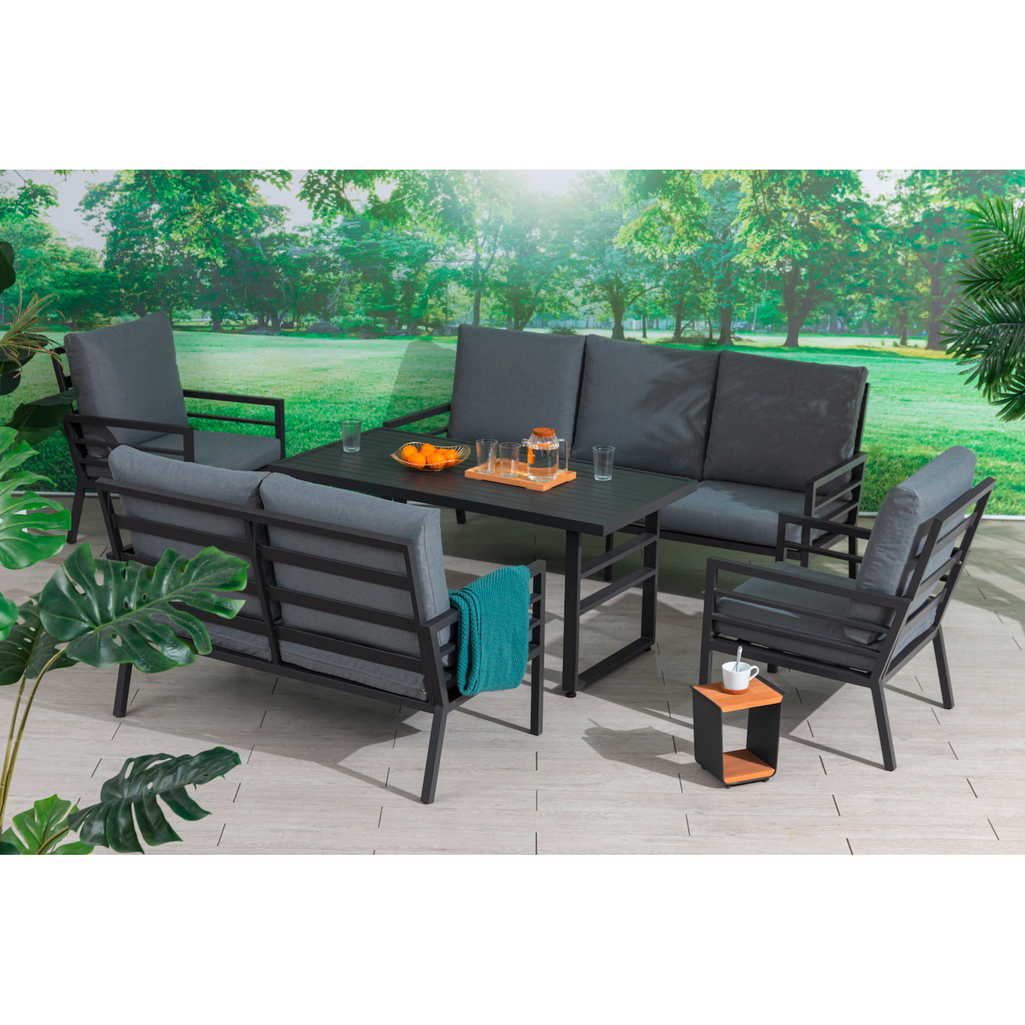 DINING-LOUNGESET 5-teilig  - Anthrazit/Grau, MODERN, Textil/Metall - Gardenson