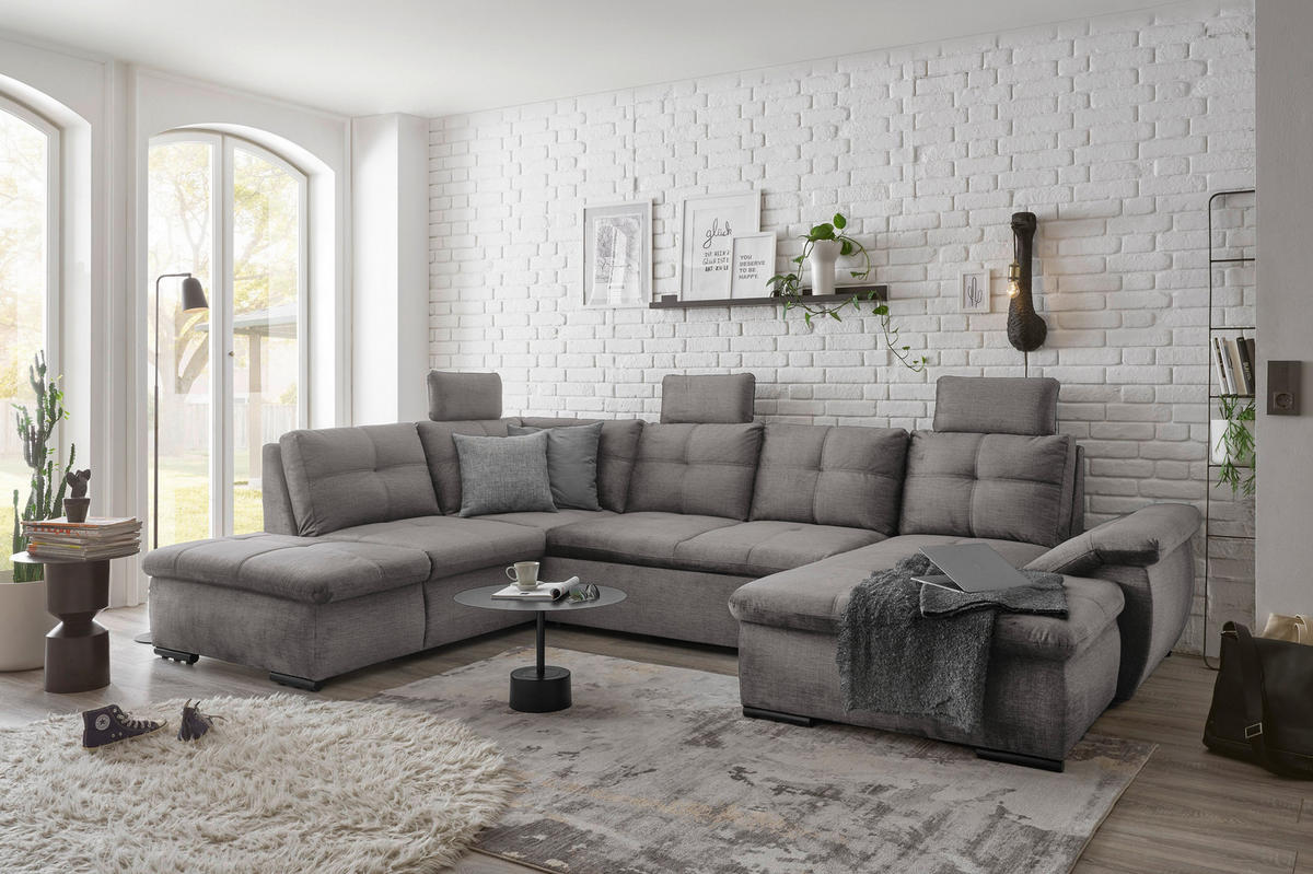 WOHNLANDSCHAFT in Mikrovelours Hellgrau  - Hellgrau/Schwarz, Konventionell, Kunststoff/Textil (217/334/127cm) - Carryhome