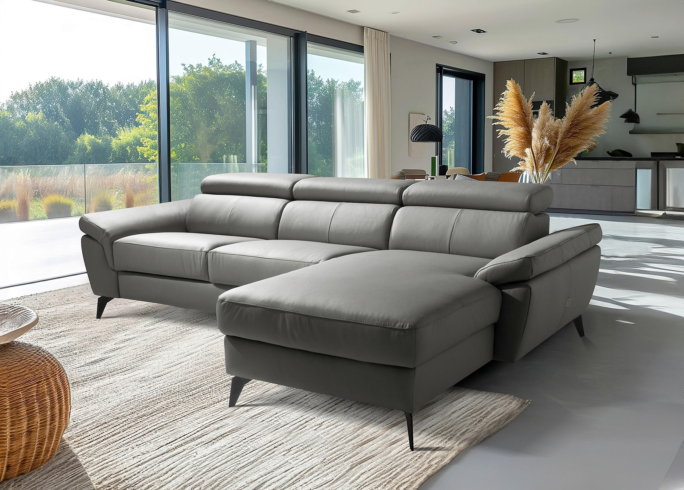 ECKSOFA SONO in Lederlook Echtleder Anthrazit Armteilverstellung, Kopfteilverstellung  252/179 cm  - Anthrazit/Schwarz, Design, Leder/Textil (252/179cm) - Livetastic