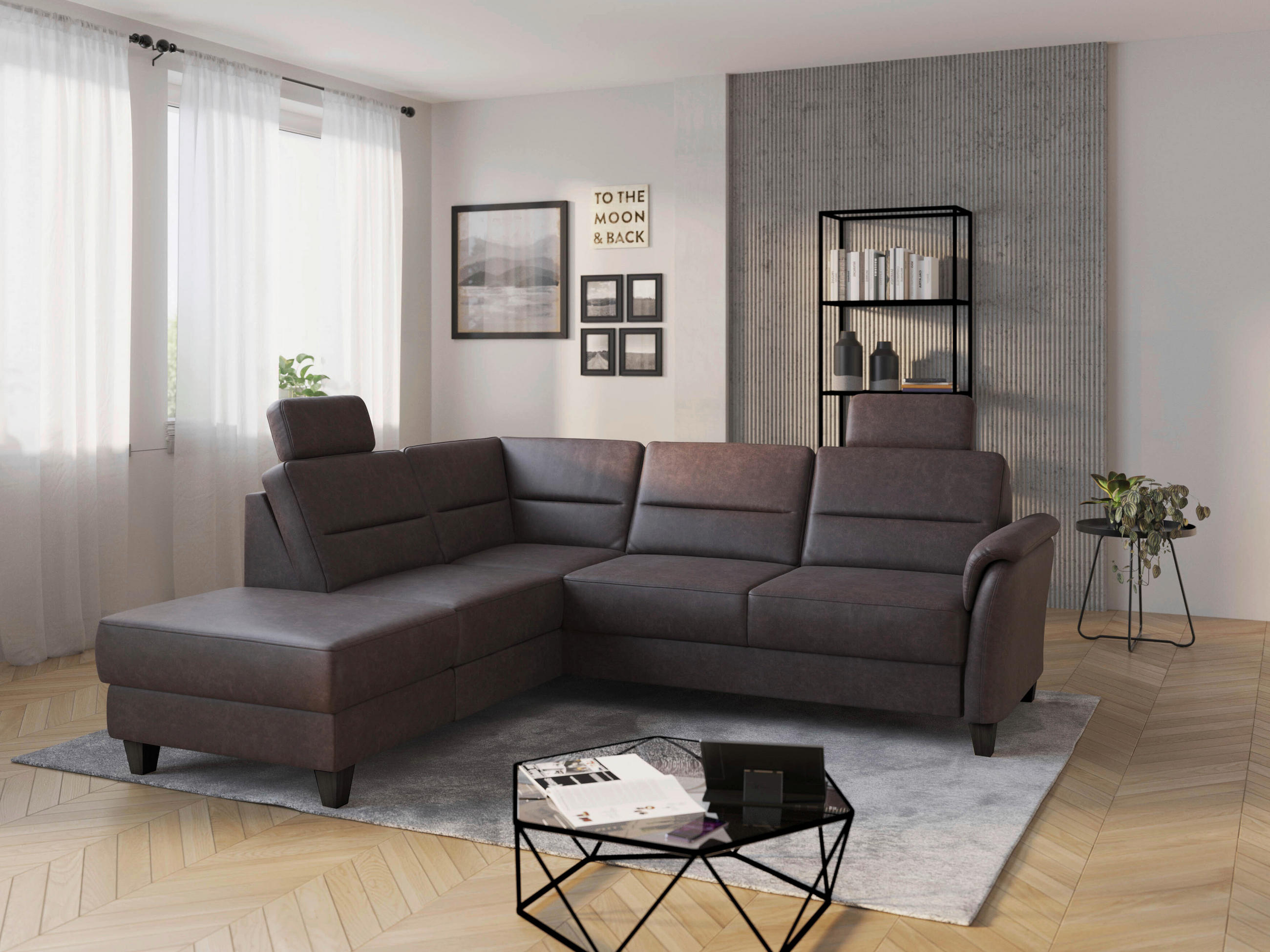 ECKSOFA PALMERA V Braun Mikrofaser Kopfstütze, Liegefläche im Originalstoff  - Wengefarben/Braun, KONVENTIONELL, Holz/Textil (212/236cm) - Sit & More